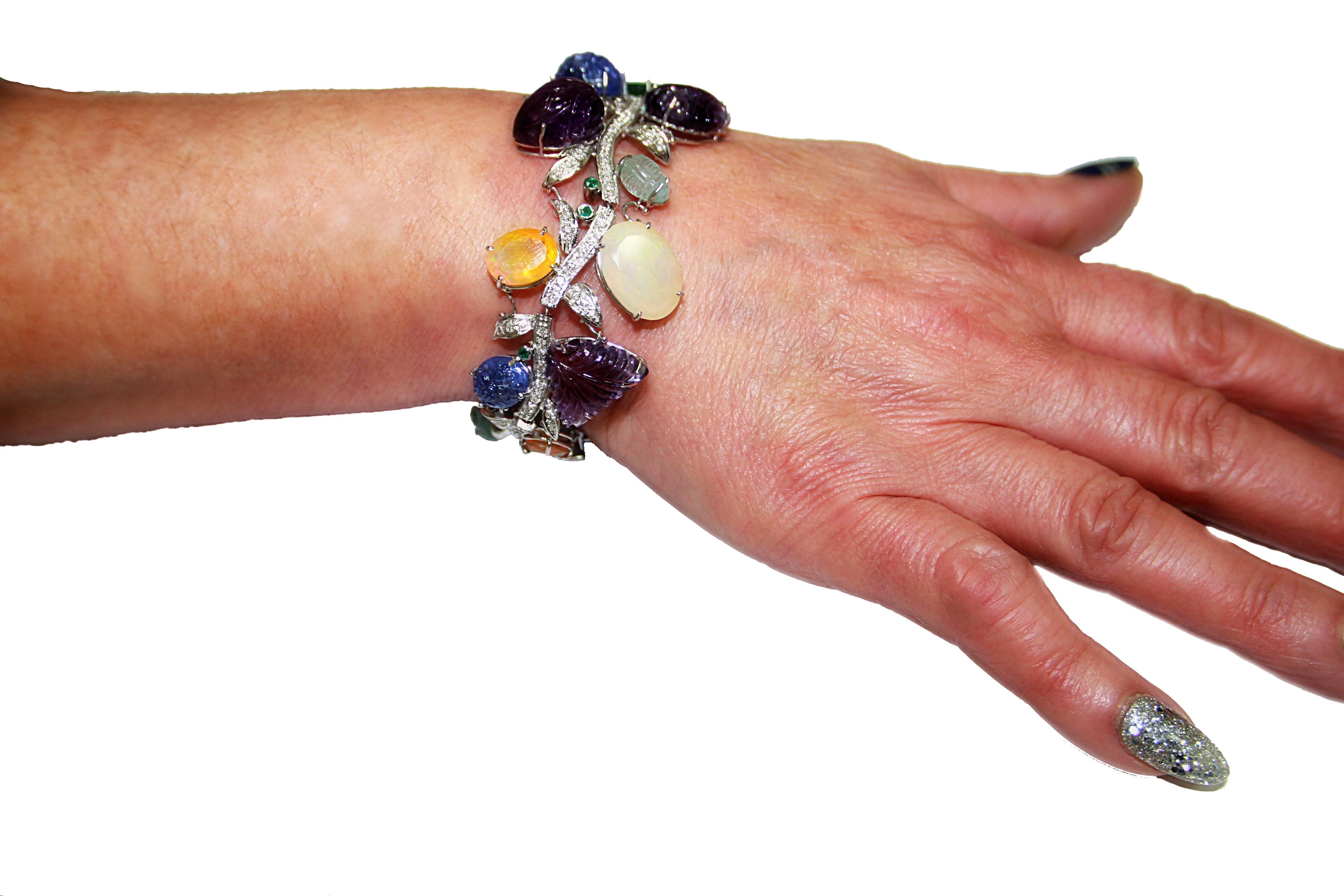 da uomo o donna Bracciale artigianale con diamanti multicolore in oro bianco 18 carati in vendita