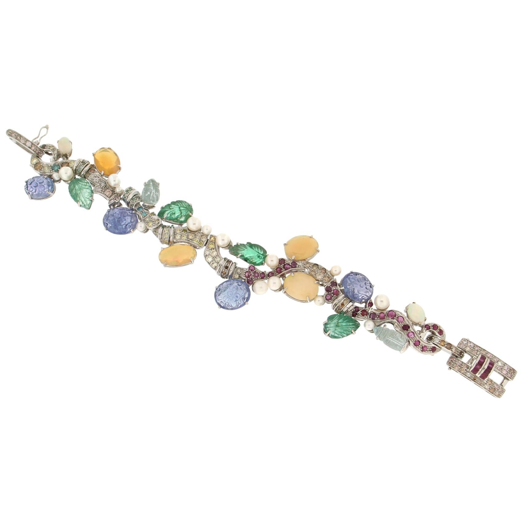 Bracelet manchette artisanal en or blanc 18 carats et diamants multicolores