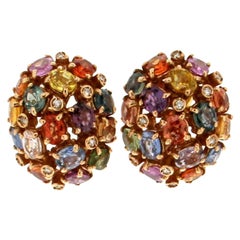 Handcraft Multi-Color Sapphires 18 Karat Yellow Gold Diamonds Stud Earrings