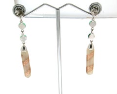 Handcraft Murrine 18 Karat White Gold Coral Agate Diamonds Drop Earrings