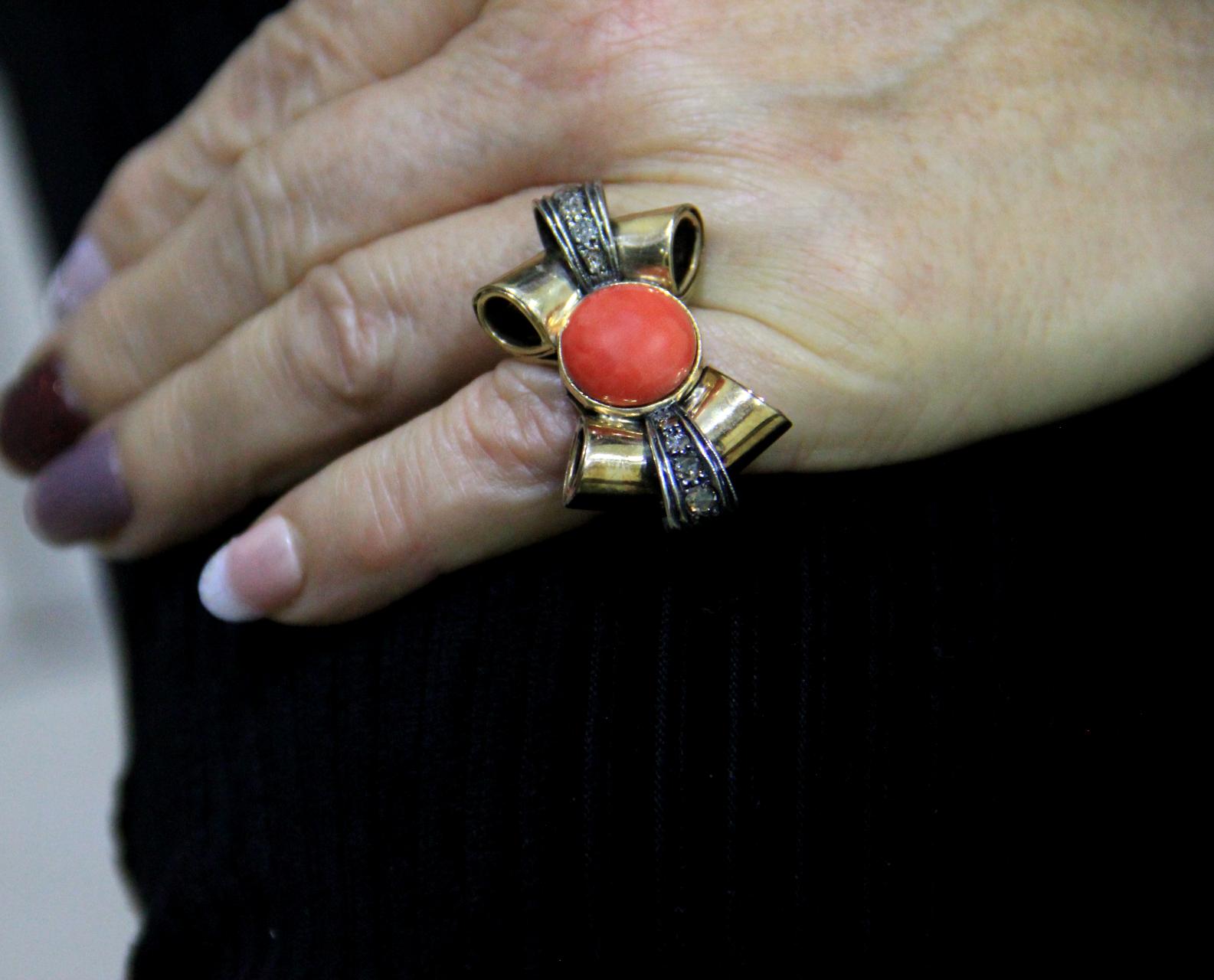 Handcraft Natural Coral 14 Karat Yellow Gold Diamonds Cocktail Ring For Sale 8