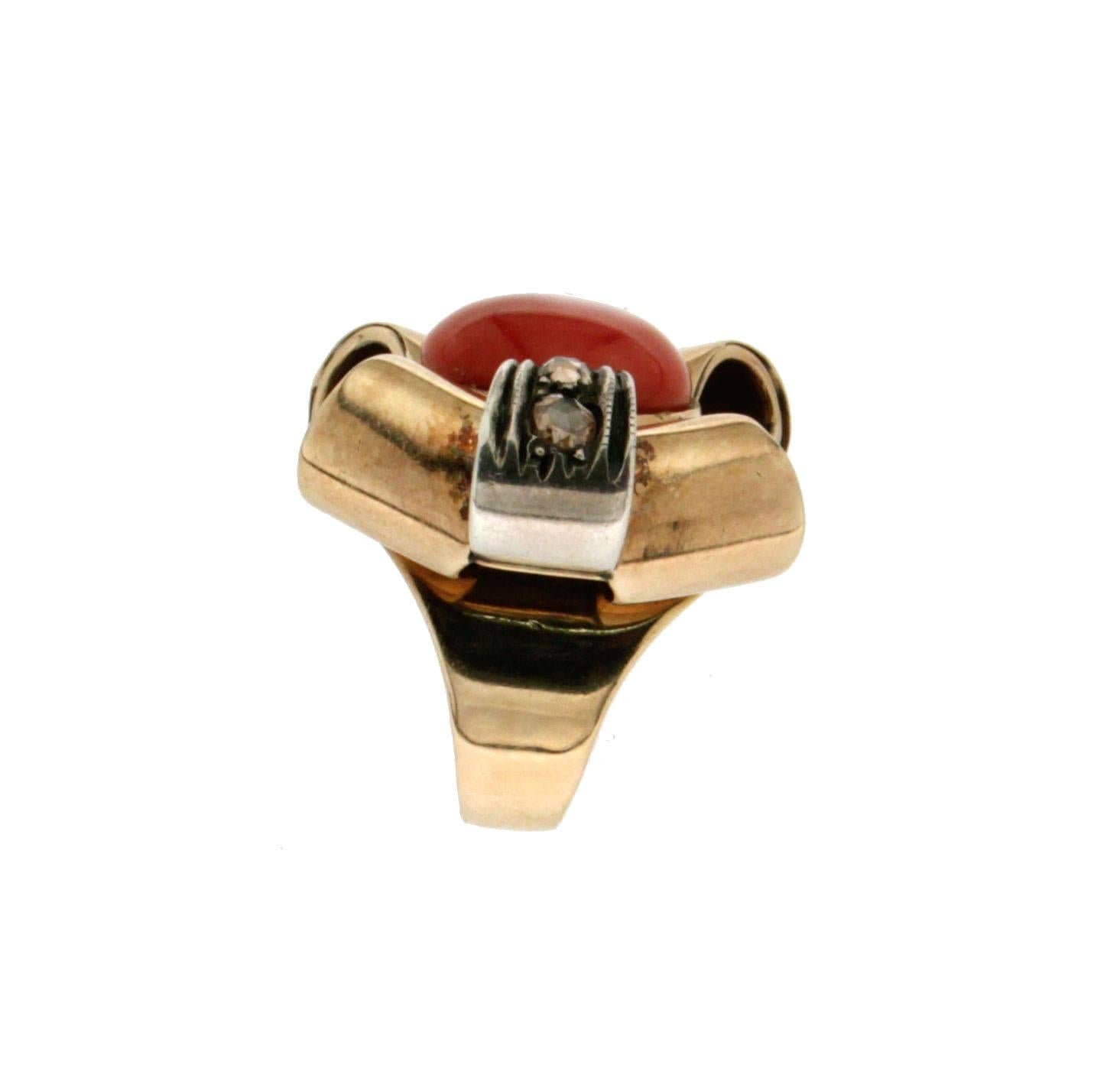 Rose Cut Handcraft Natural Coral 14 Karat Yellow Gold Diamonds Cocktail Ring For Sale