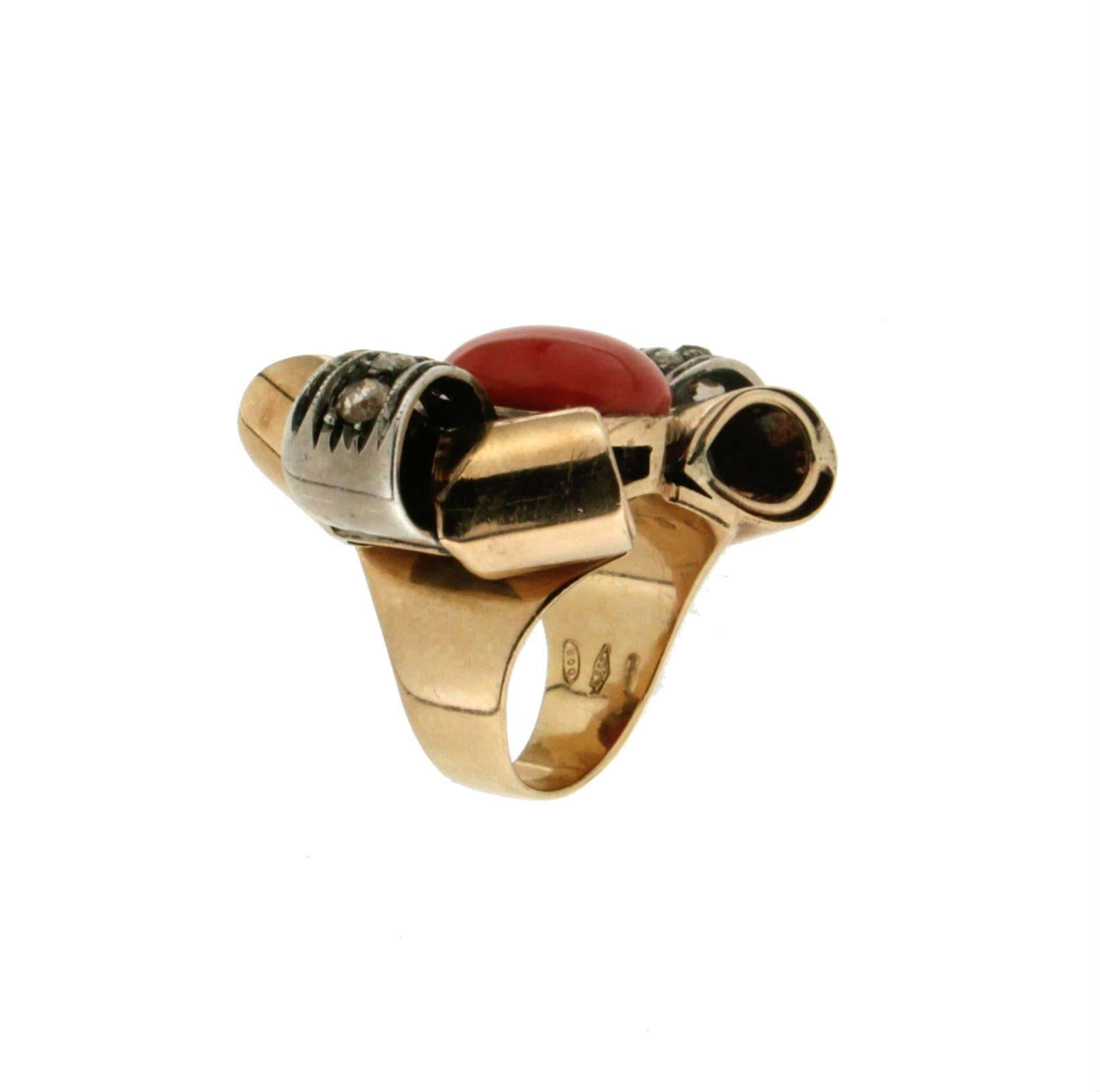 Handcraft Natural Coral 14 Karat Yellow Gold Diamonds Cocktail Ring For Sale 1