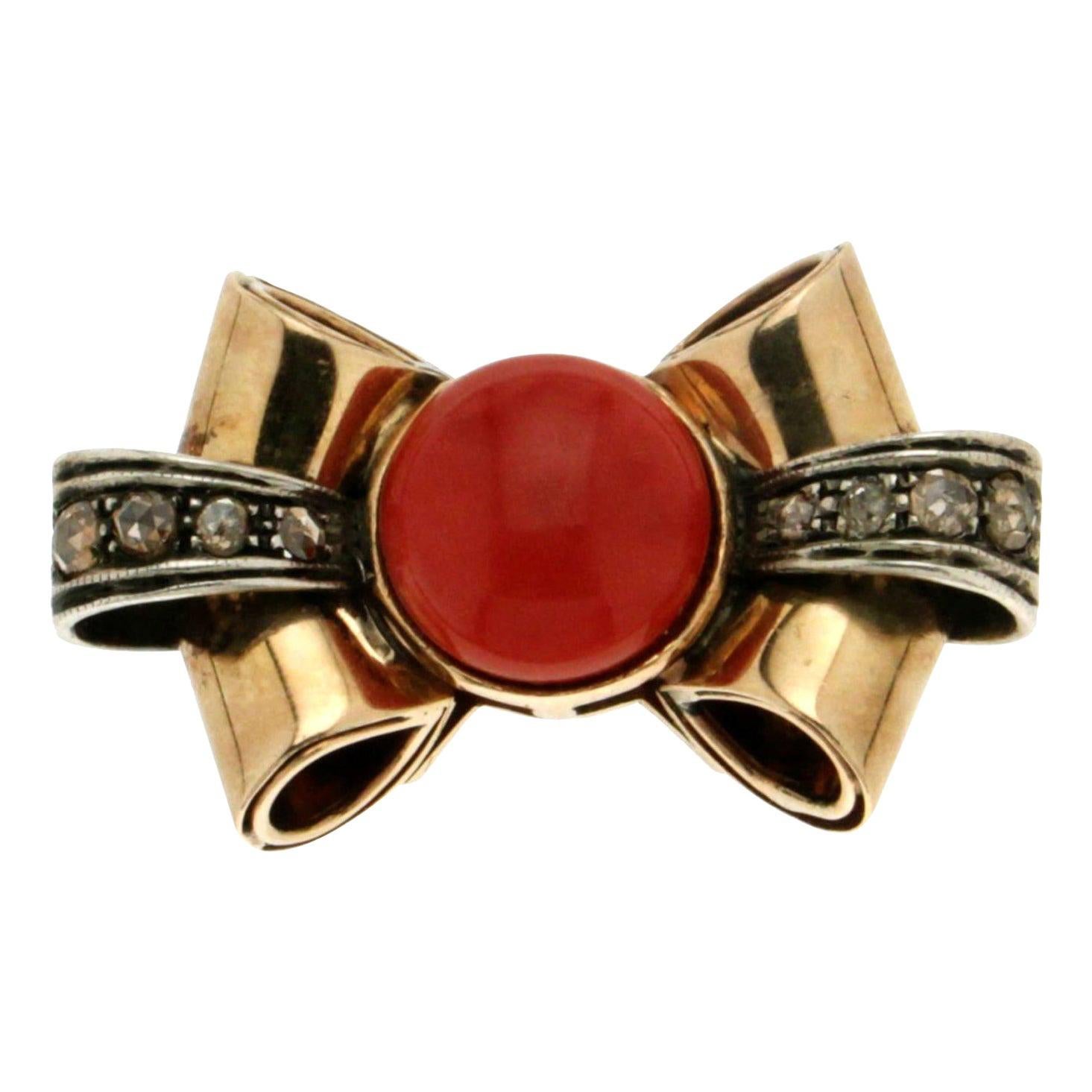 Handcraft Natural Coral 14 Karat Yellow Gold Diamonds Cocktail Ring For Sale