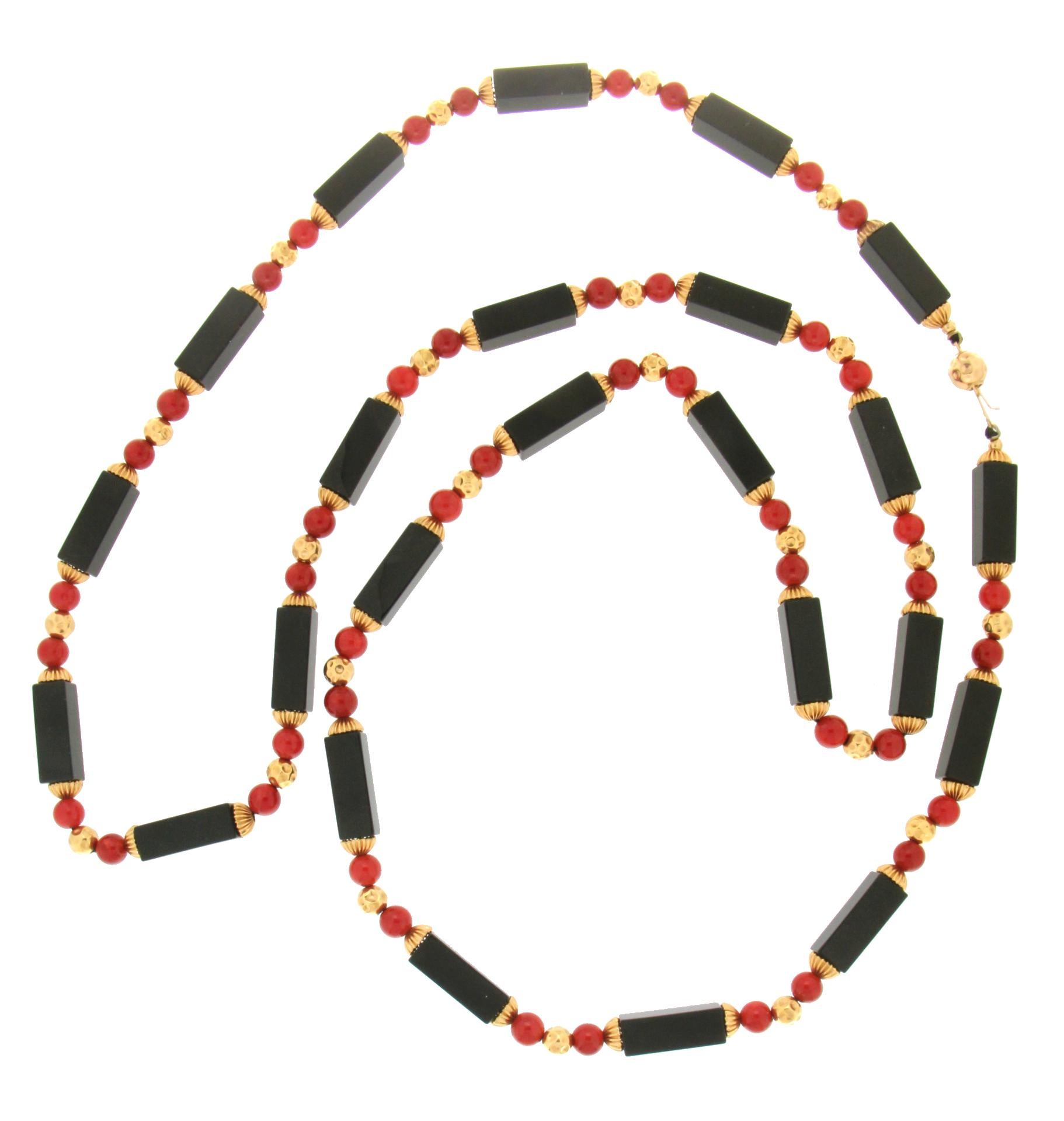 Bead Handcraft Natural Coral 14 Karat Yellow Gold Onyx Rope Necklace For Sale