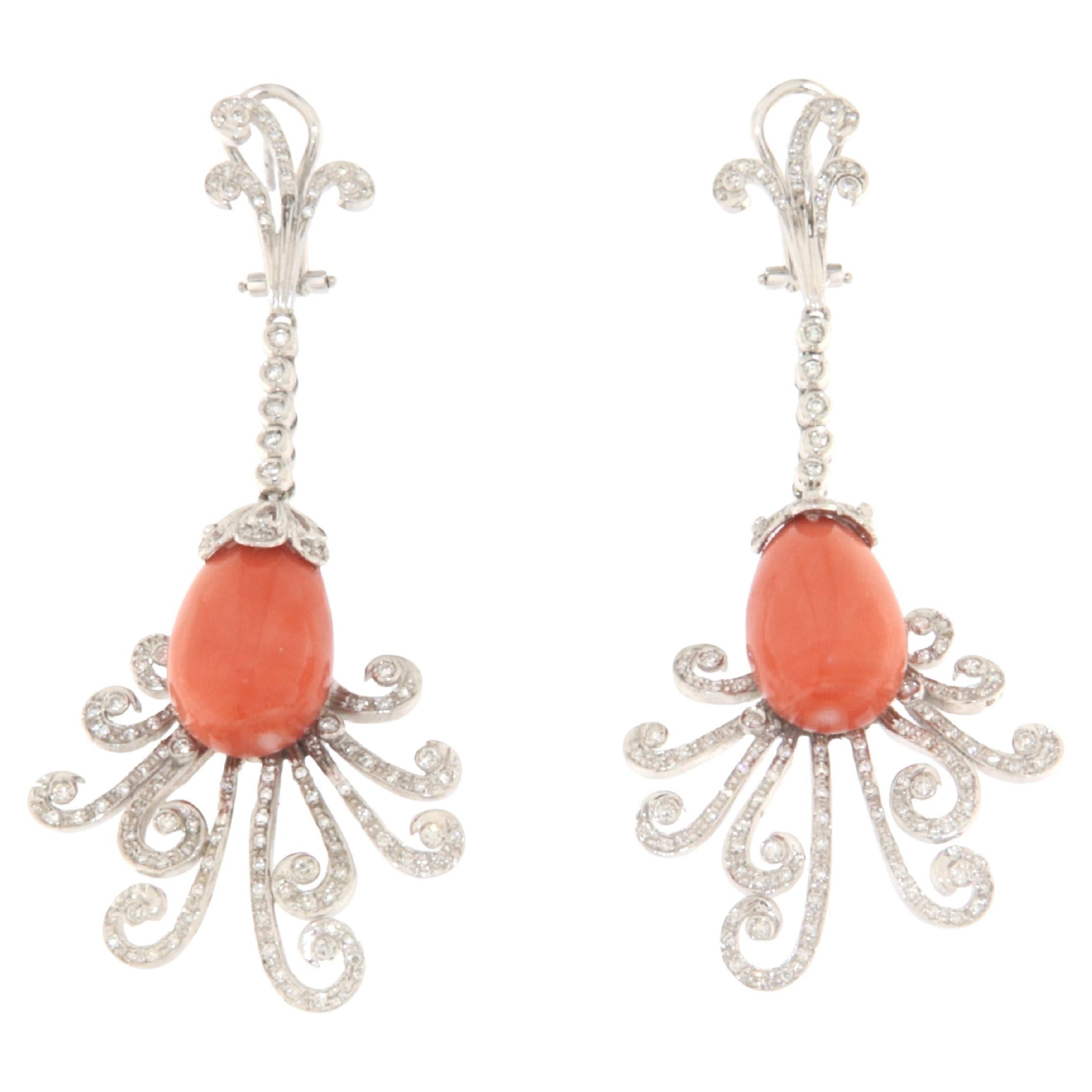 Handcraft Natural Coral 18 Karat White Gold Diamonds Drop Earrings For Sale
