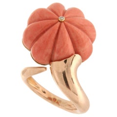 Handcraft Natural Coral 18 Karat Yellow Gold Diamond Cocktail Ring