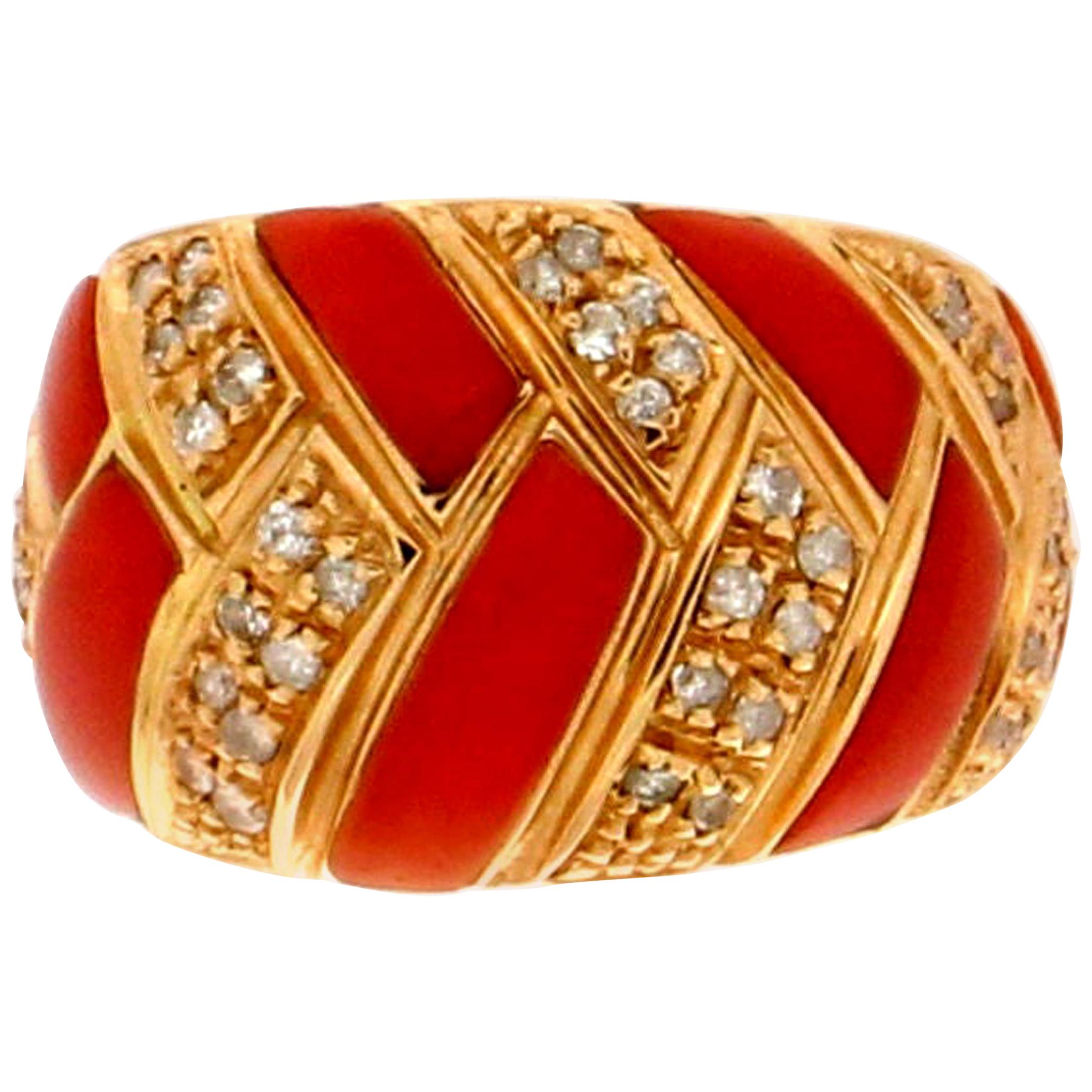 Handcraft Natural Coral 18 Karat Yellow Gold Diamonds Band Ring