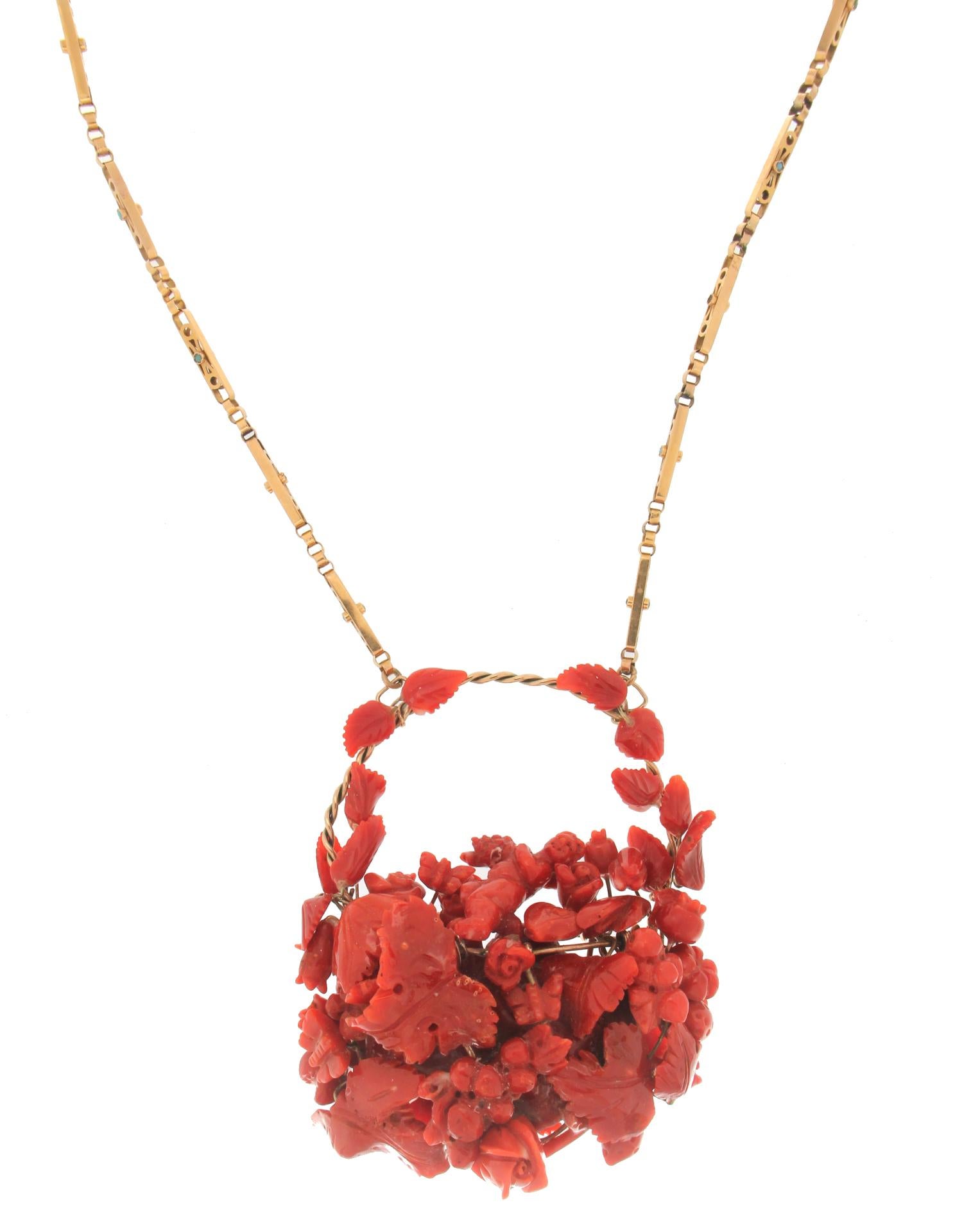 Artisan Handcraft Natural Coral Karat Yellow Gold Drop Necklace For Sale