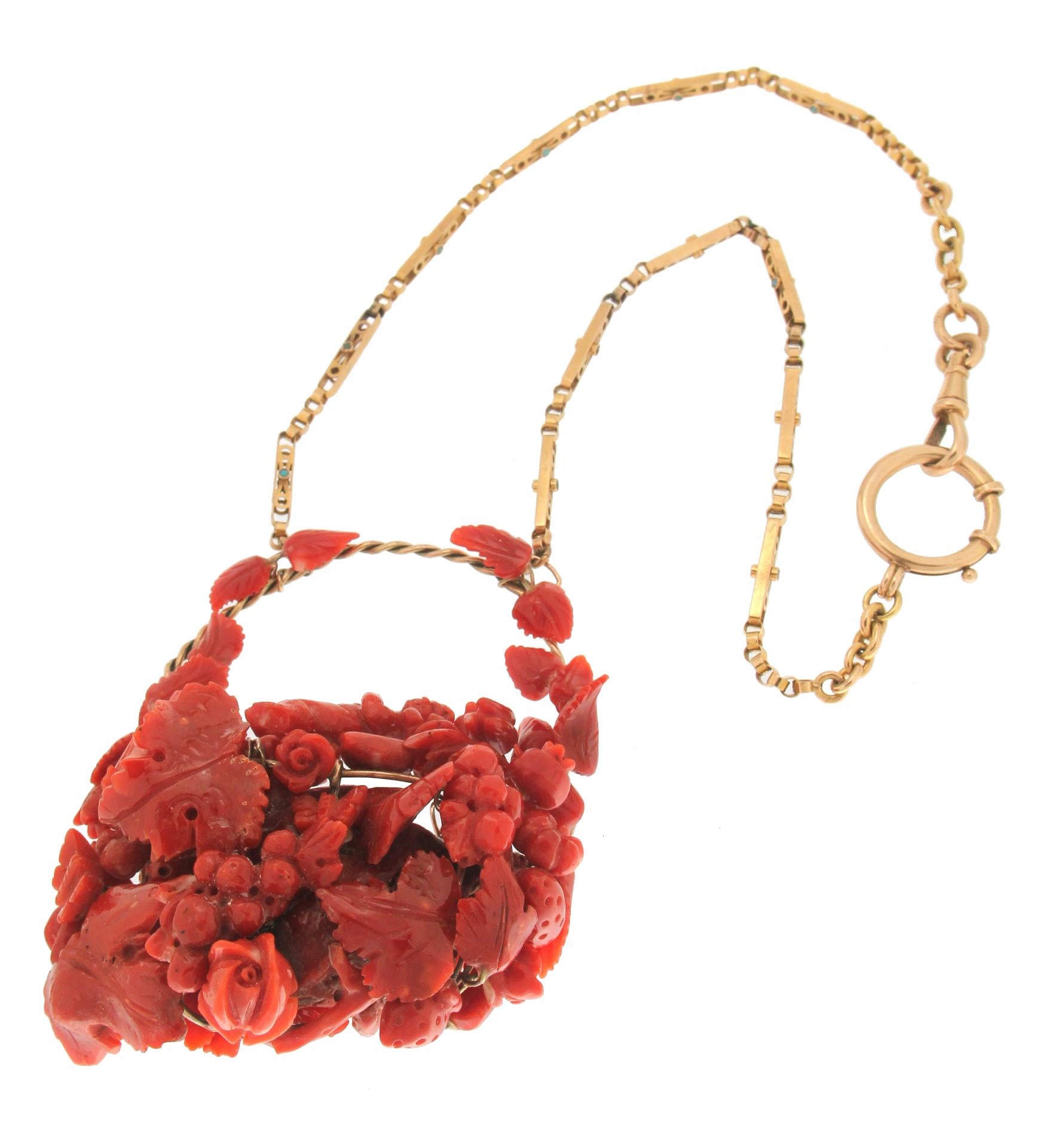 Mixed Cut Handcraft Natural Coral Karat Yellow Gold Drop Necklace For Sale