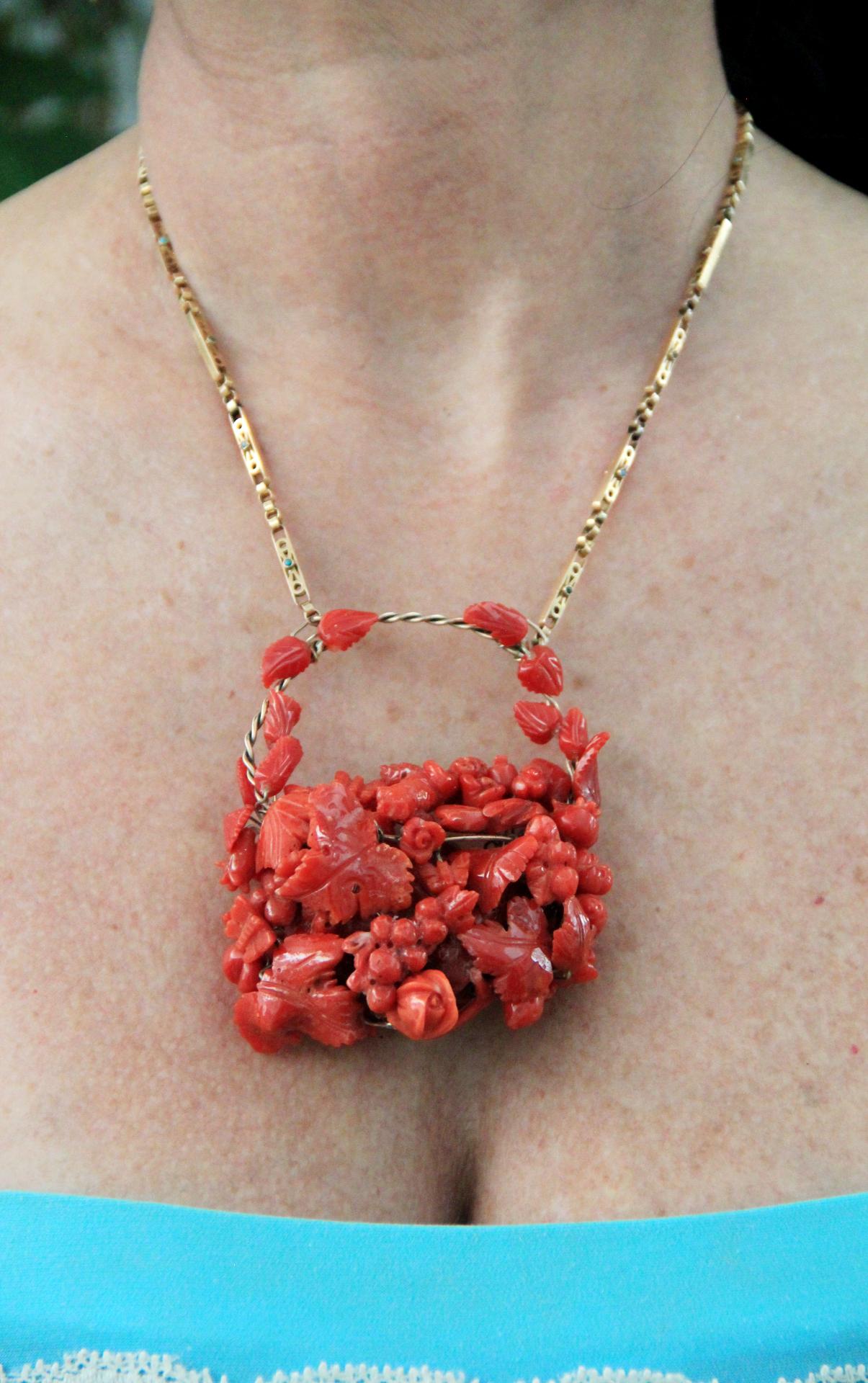 Handcraft Natural Coral Karat Yellow Gold Drop Necklace For Sale 1