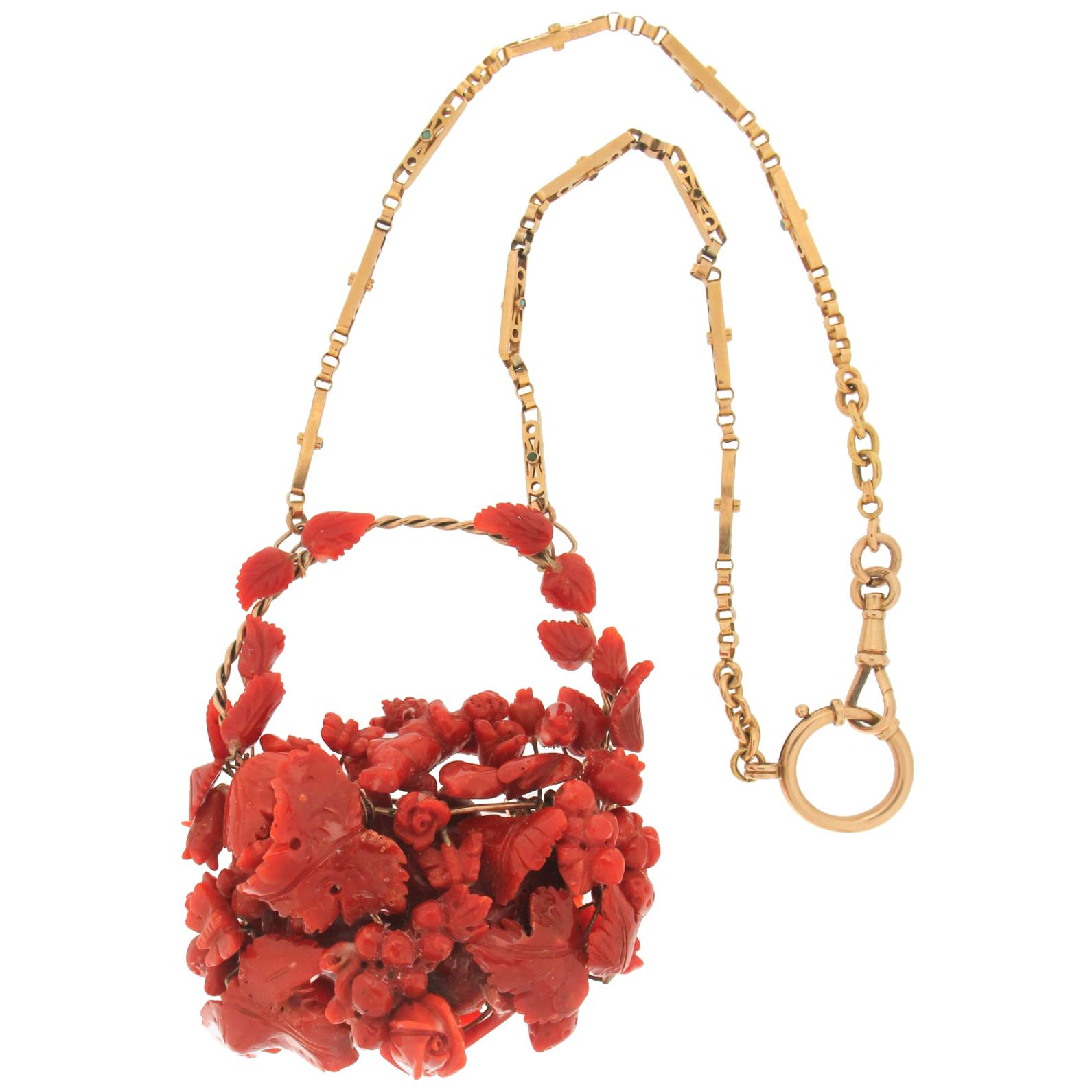 Handcraft Natural Coral Karat Yellow Gold Drop Necklace For Sale