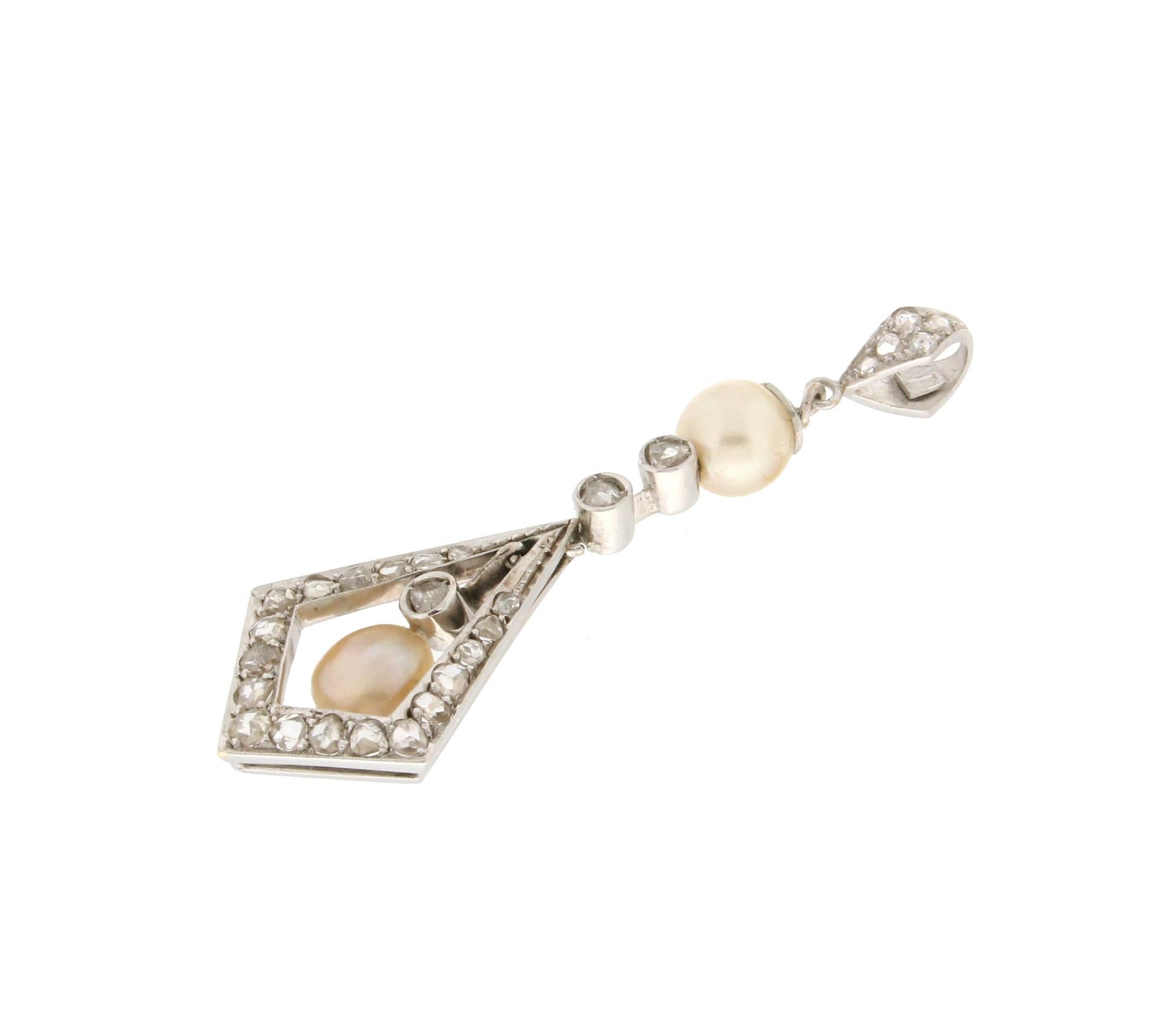 Women's or Men's Handcraft Natural Pearl 18 Karat White Gold Rose Cut Pendant Necklace For Sale