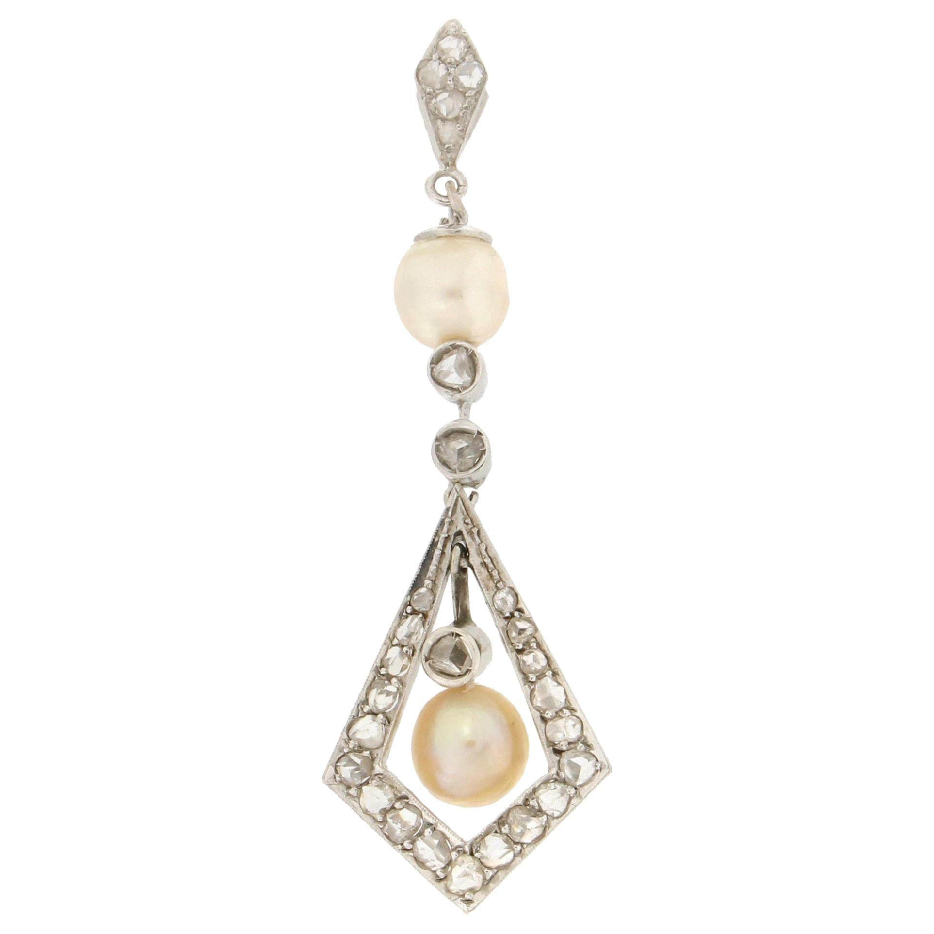 Handcraft Natural Pearl 18 Karat White Gold Rose Cut Pendant Necklace For Sale