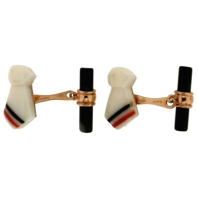 Artisan Handcraft Necktie 18 Karat Yellow Gold White Agate Onyx Cufflinks For Sale