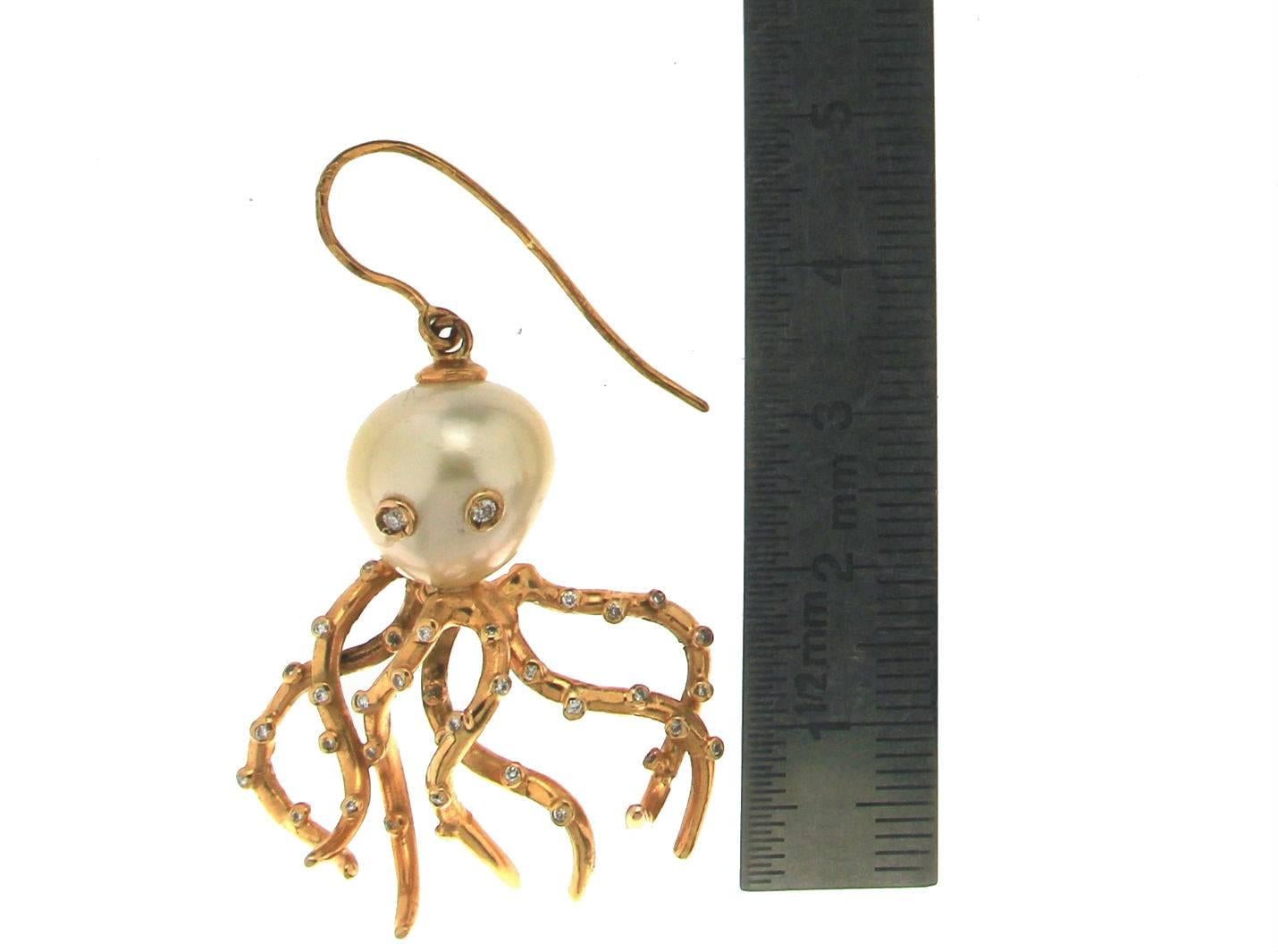 Artisan Handcraft Octopus 18 Karat Yellow Gold Baroque Pearls Diamonds Drop Earrings