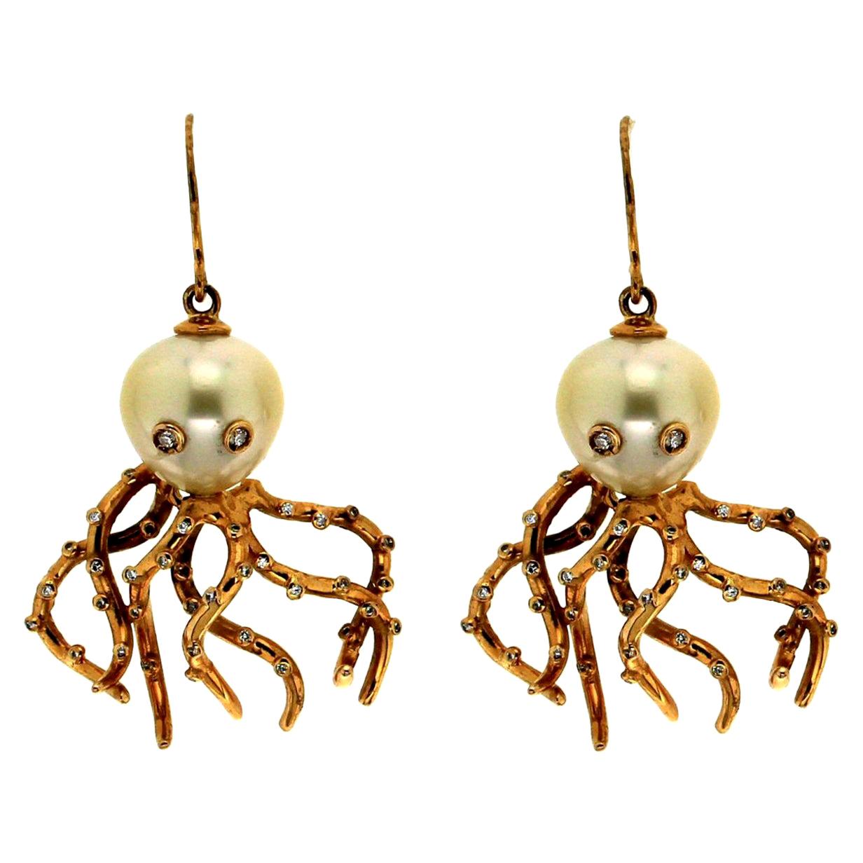 Handcraft Octopus 18 Karat Yellow Gold Baroque Pearls Diamonds Drop Earrings