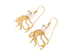 Handcraft Octopus 9 Karat Yellow Gold Baroque Pearls Diamonds Drop Earrings