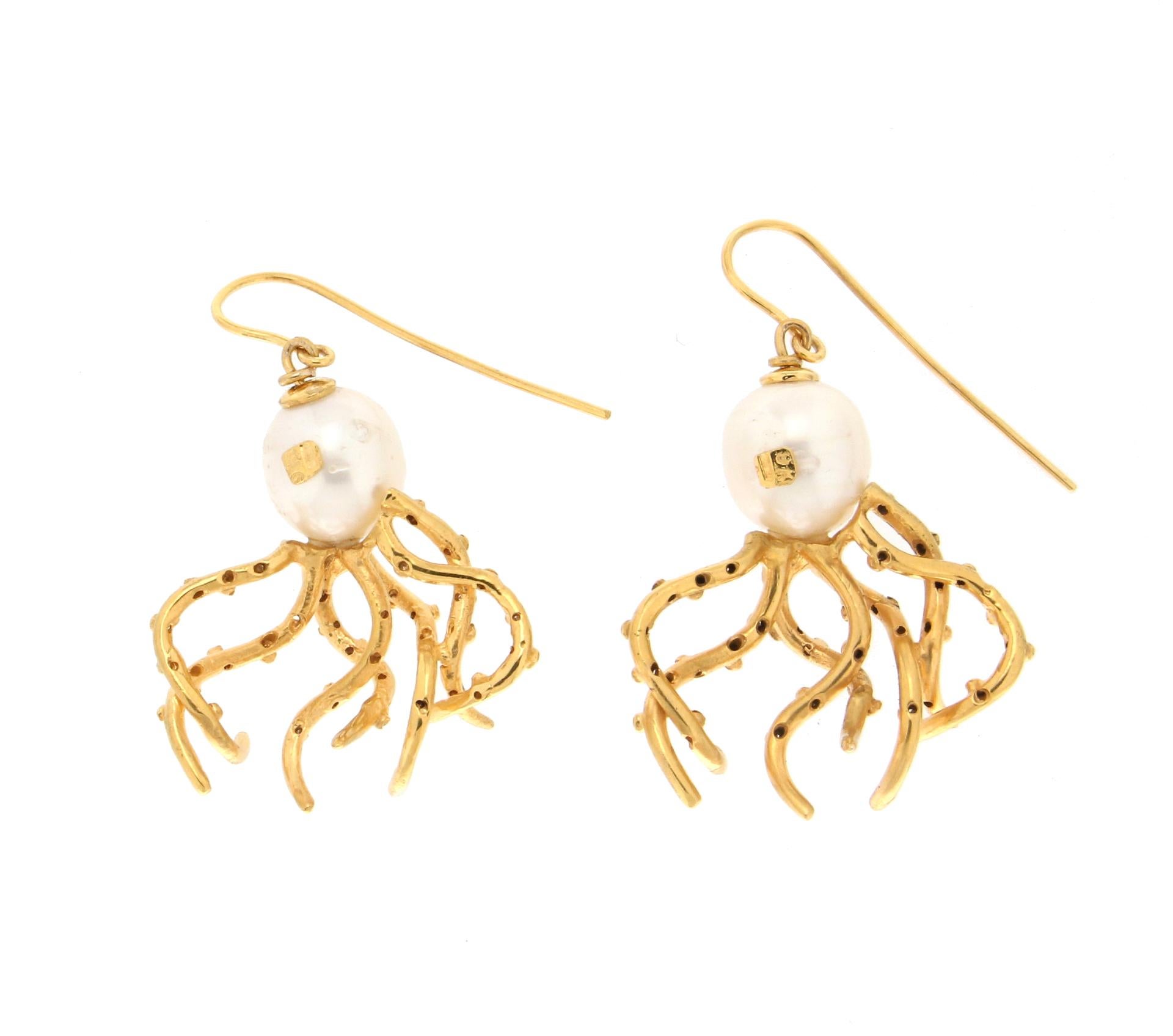 Artisan Handcraft Octopus 9 Karat Yellow Gold Baroque Pearls Diamonds Drop Earrings For Sale