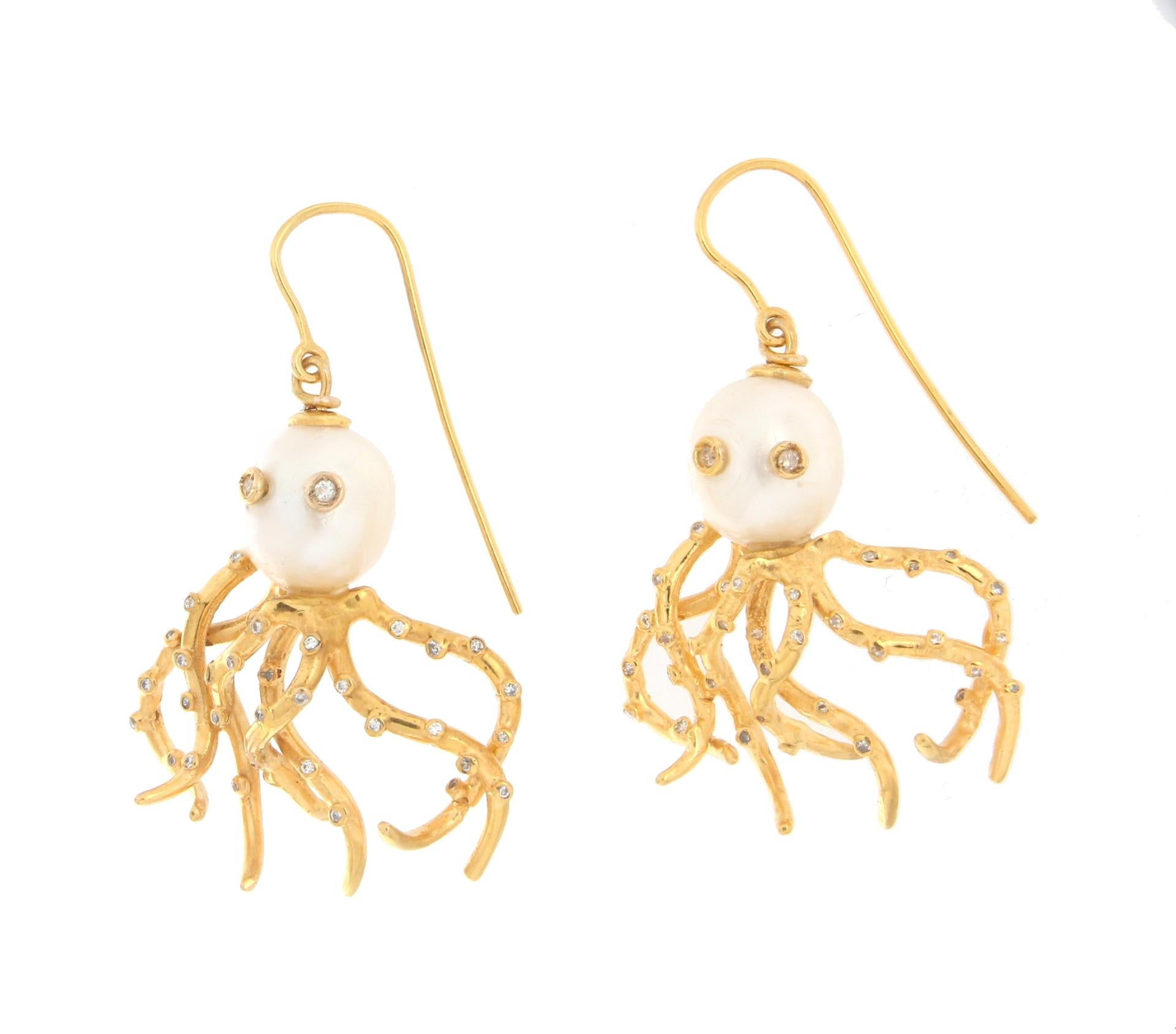 Brilliant Cut Handcraft Octopus 9 Karat Yellow Gold Baroque Pearls Diamonds Drop Earrings For Sale