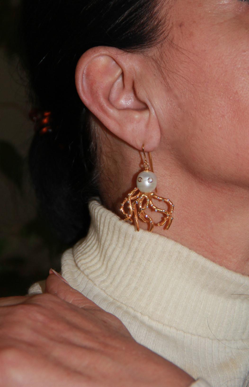 Women's or Men's Handcraft Octopus 9 Karat Yellow Gold Baroque Pearls Diamonds Drop Earrings For Sale