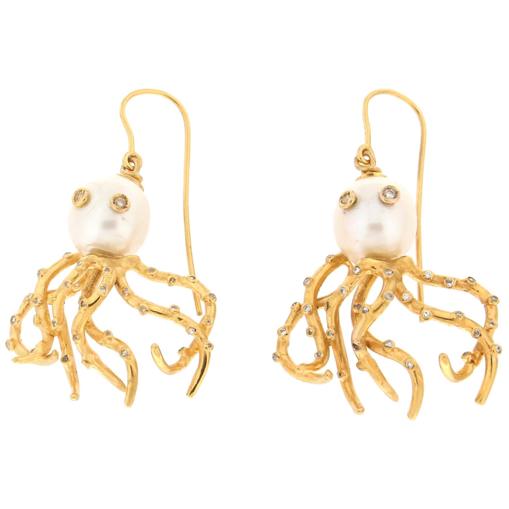 Handcraft Octopus 9 Karat Yellow Gold Baroque Pearls Diamonds Drop Earrings For Sale