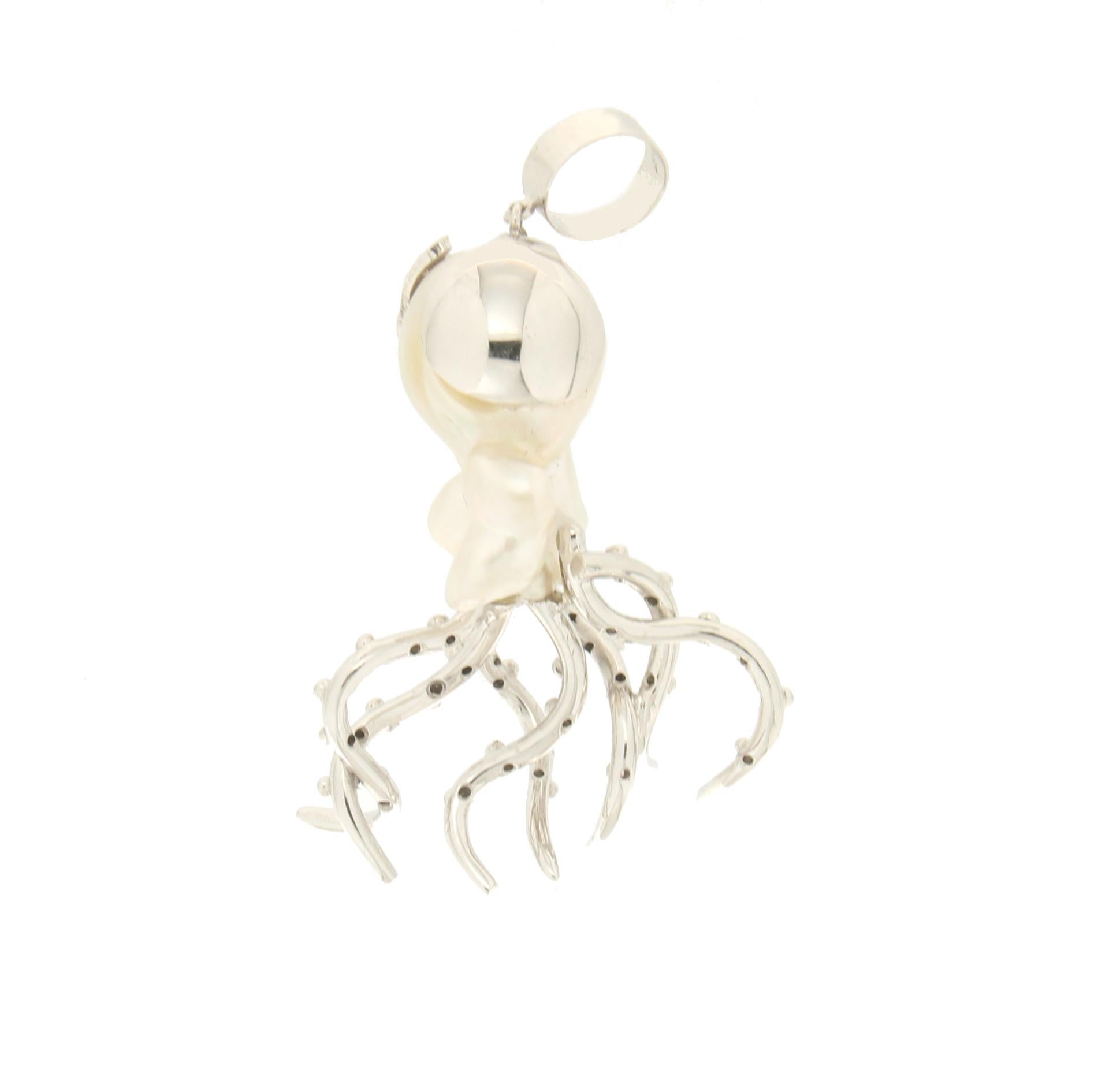 Artisan Handcraft Octopus Baroque Pearl 18 Karat White Gold Diamonds Pendant Necklace
