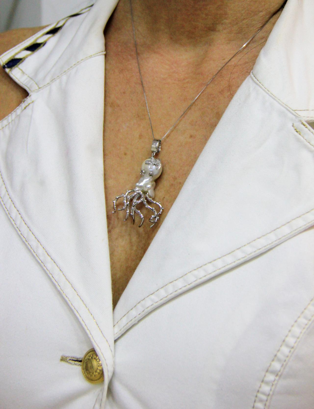 Women's or Men's Handcraft Octopus Baroque Pearl 18 Karat White Gold Diamonds Pendant Necklace