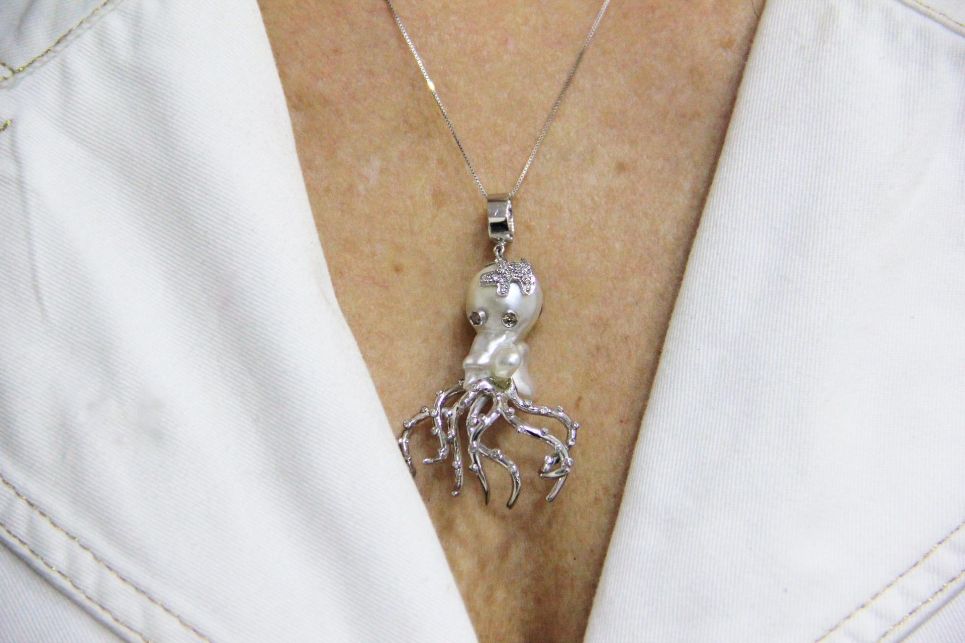 Handcraft Octopus Baroque Pearl 18 Karat White Gold Diamonds Pendant Necklace 2