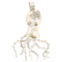 Handcraft Octopus Baroque Pearl 18 Karat White Gold Diamonds Pendant Necklace