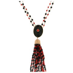 Handcraft Onyx 14 Karat Yellow Gold Coral Diamonds Drop Necklace