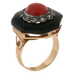 Handcraft Onyx 14 Karat Yellow Gold Coral Rose Cut Diamonds Cocktail Ring