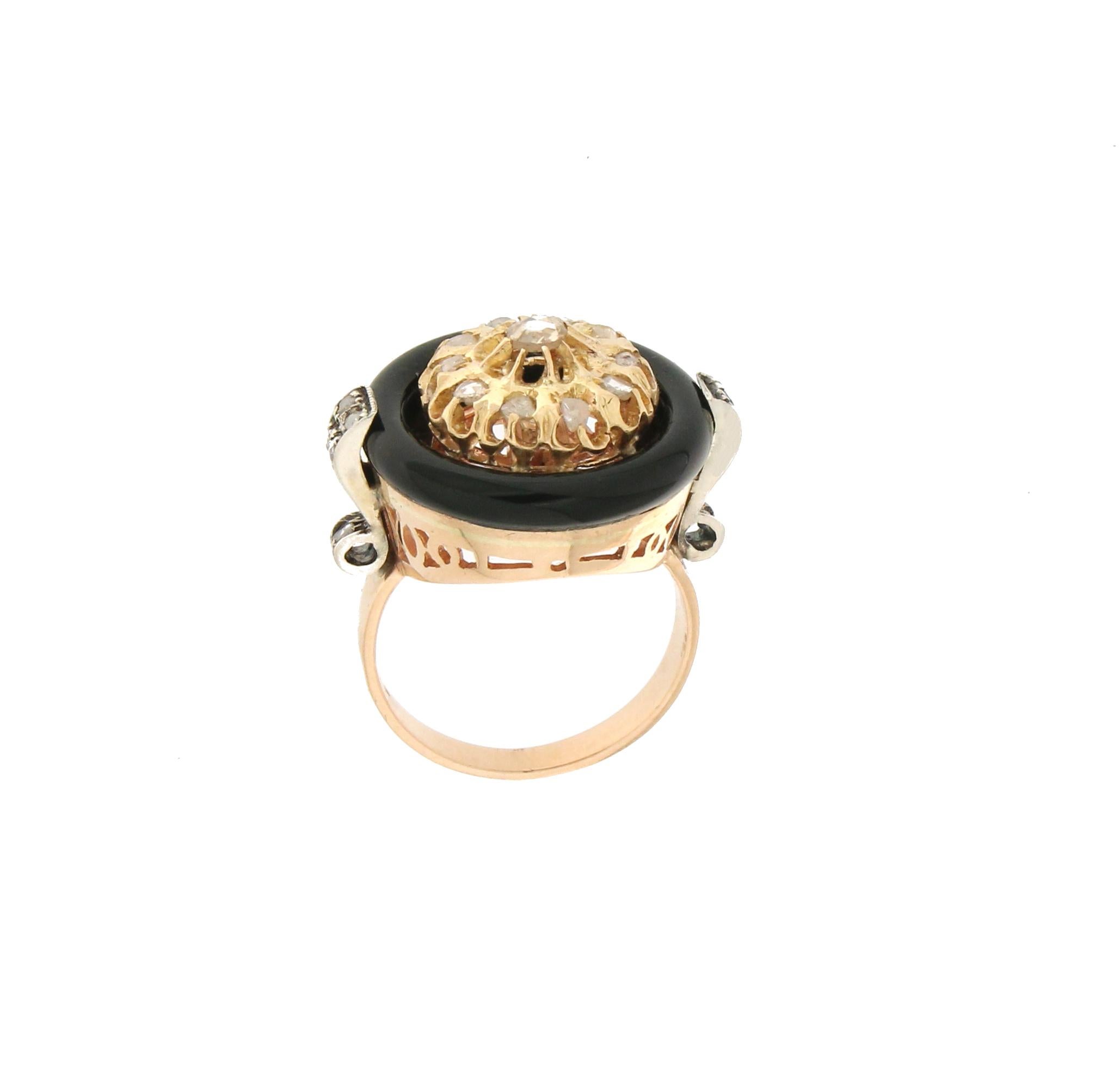 Handcraft Onyx 14 Karat Yellow Gold Diamonds Cocktail Ring In New Condition For Sale In Marcianise, IT