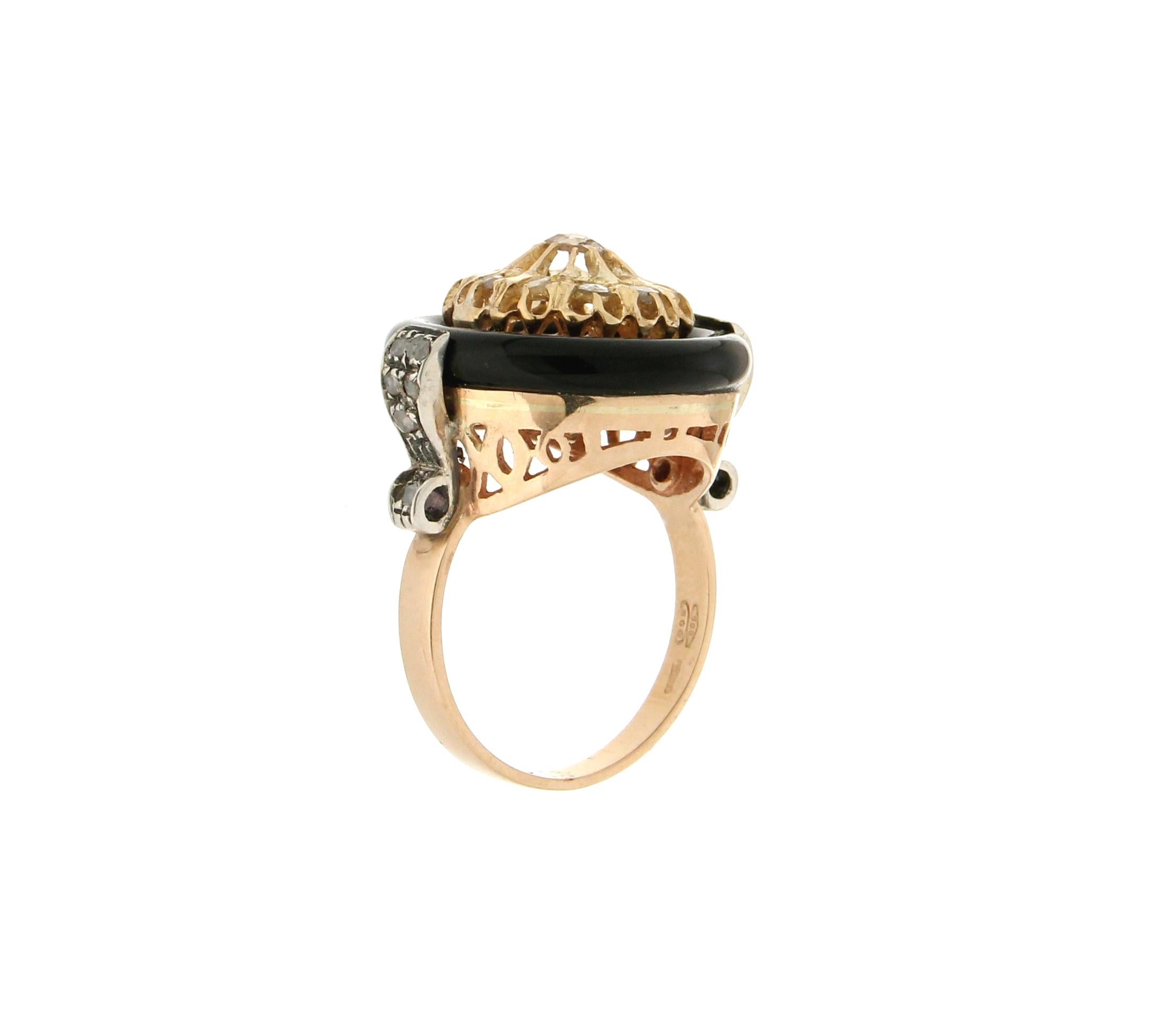 Women's or Men's Handcraft Onyx 14 Karat Yellow Gold Diamonds Cocktail Ring For Sale