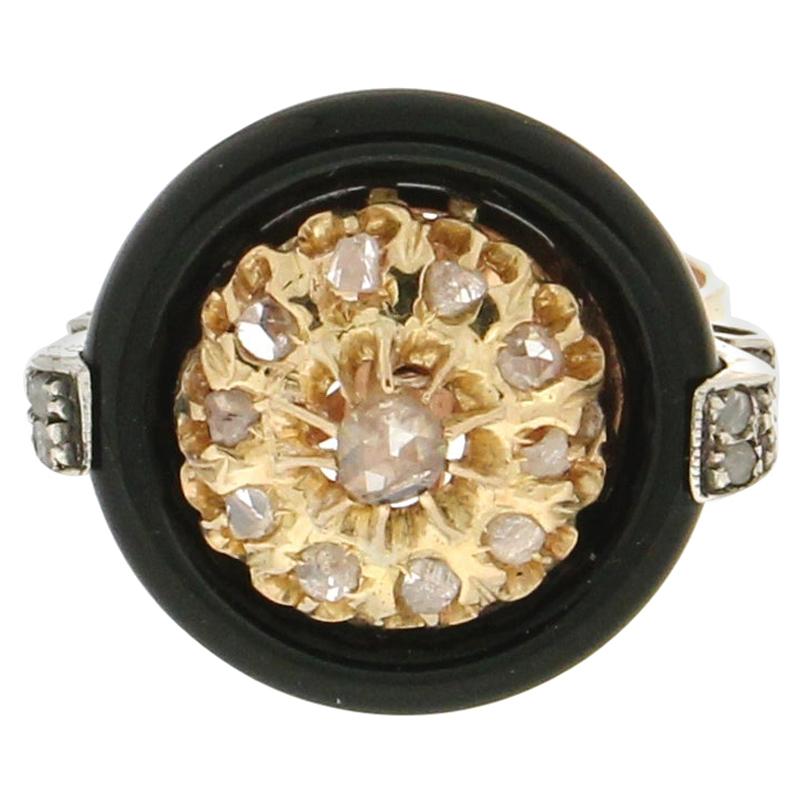Handcraft Onyx 14 Karat Yellow Gold Diamonds Cocktail Ring For Sale