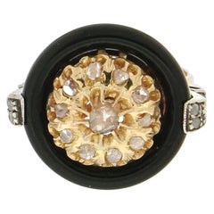 Bague cocktail artisanale en onyx et or jaune 14 carats avec diamants