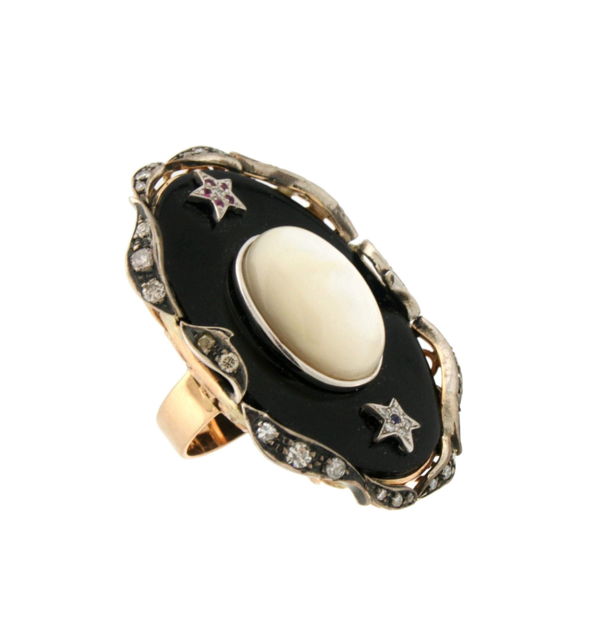Mixed Cut Handcraft Onyx 14 Karat Yellow Gold Mother of Pearl Diamonds Cocktail Ring For Sale