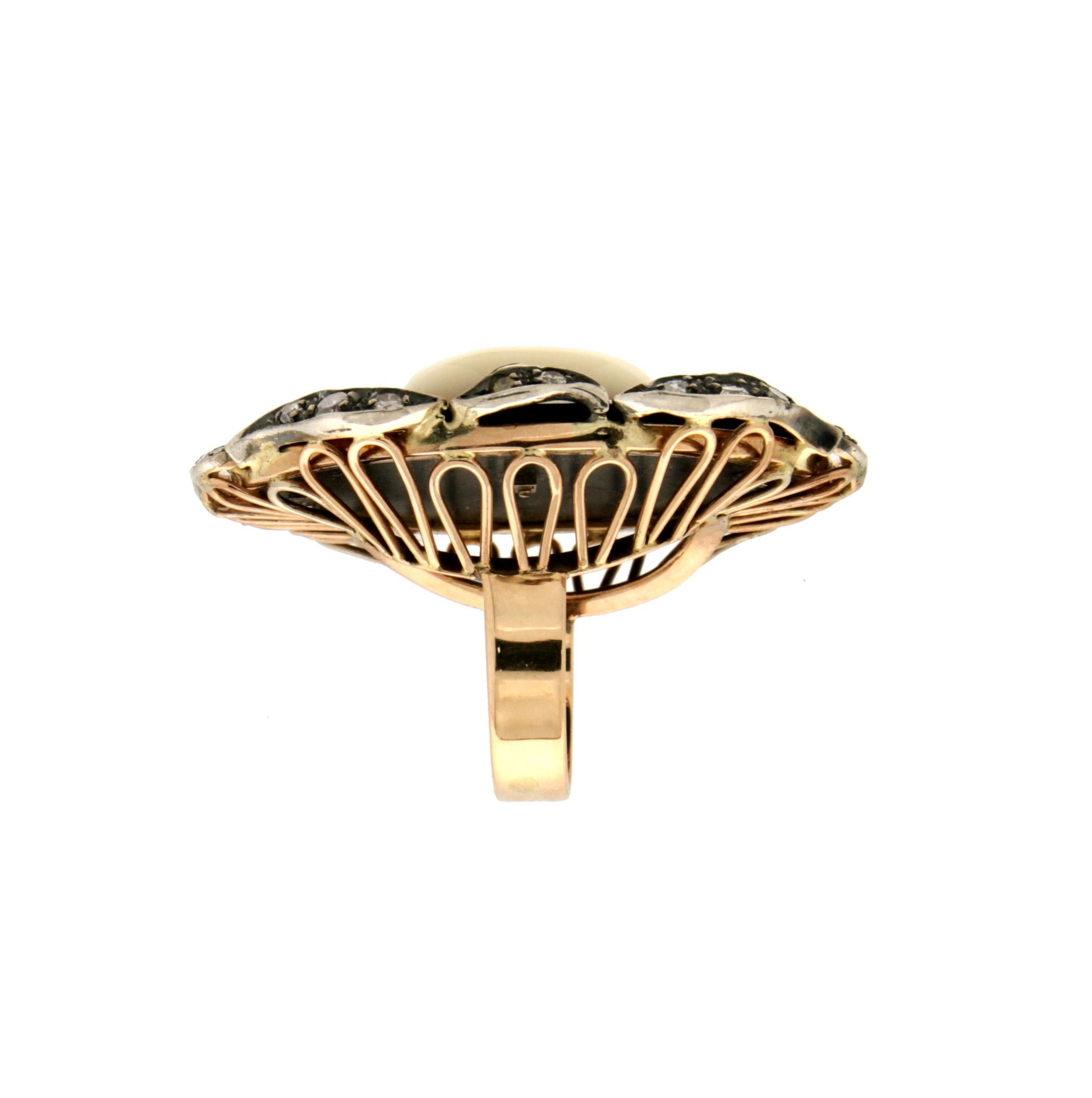 Women's or Men's Handcraft Onyx 14 Karat Yellow Gold Mother of Pearl Diamonds Cocktail Ring For Sale