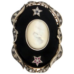 Handgefertigter Onyx 14 Karat Gelbgold Perlmutt Diamanten Cocktail-Ring