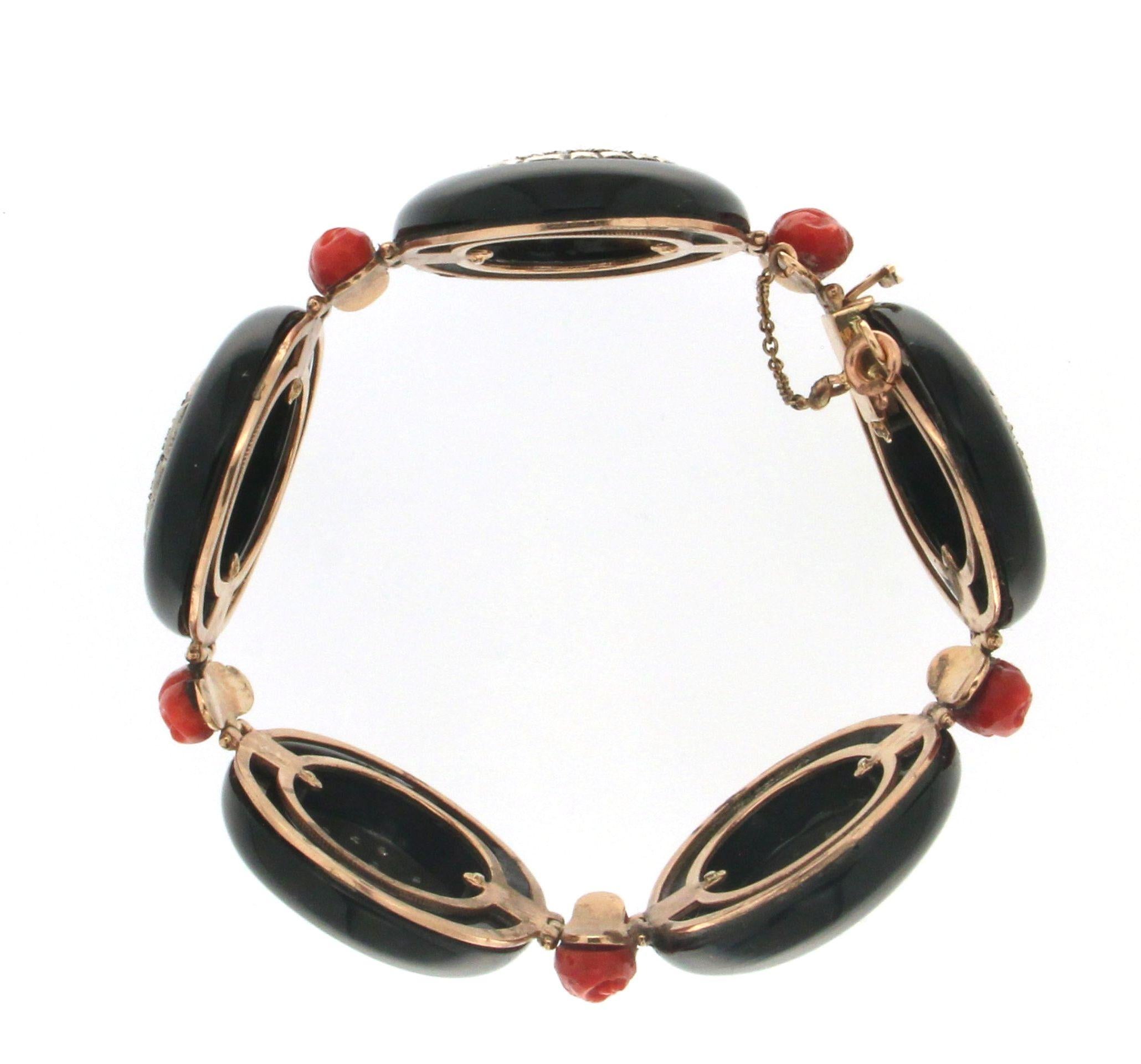Manschettenarmband, handgefertigt, Onyx 14 Karat Gelbgold Diamanten im Rosenschliff (Kunsthandwerker*in) im Angebot