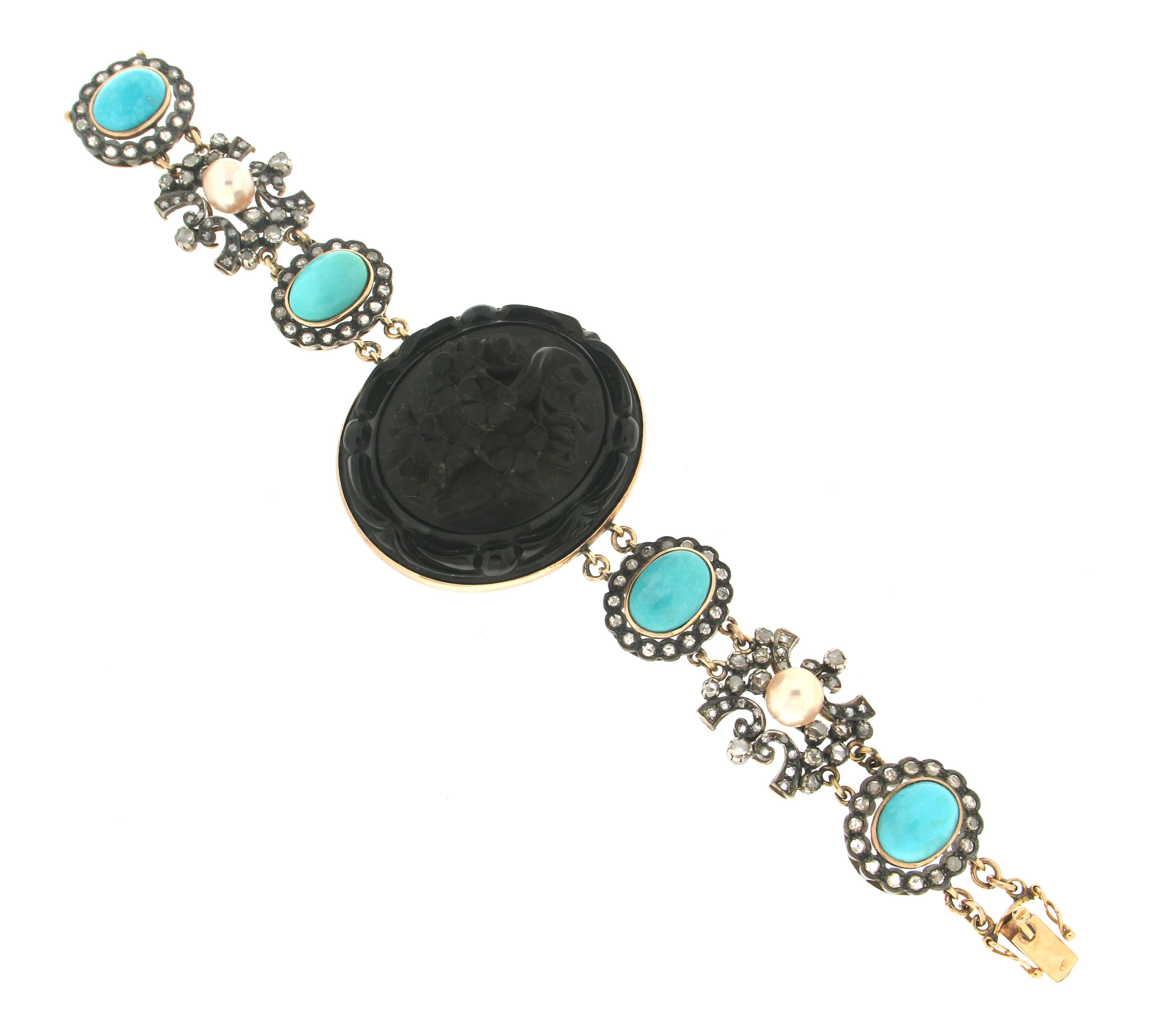 Handgefertigtes Onyx 14 Karat Gelbgold Türkis Perlen Diamanten Retro-Armband (Kunsthandwerker*in) im Angebot
