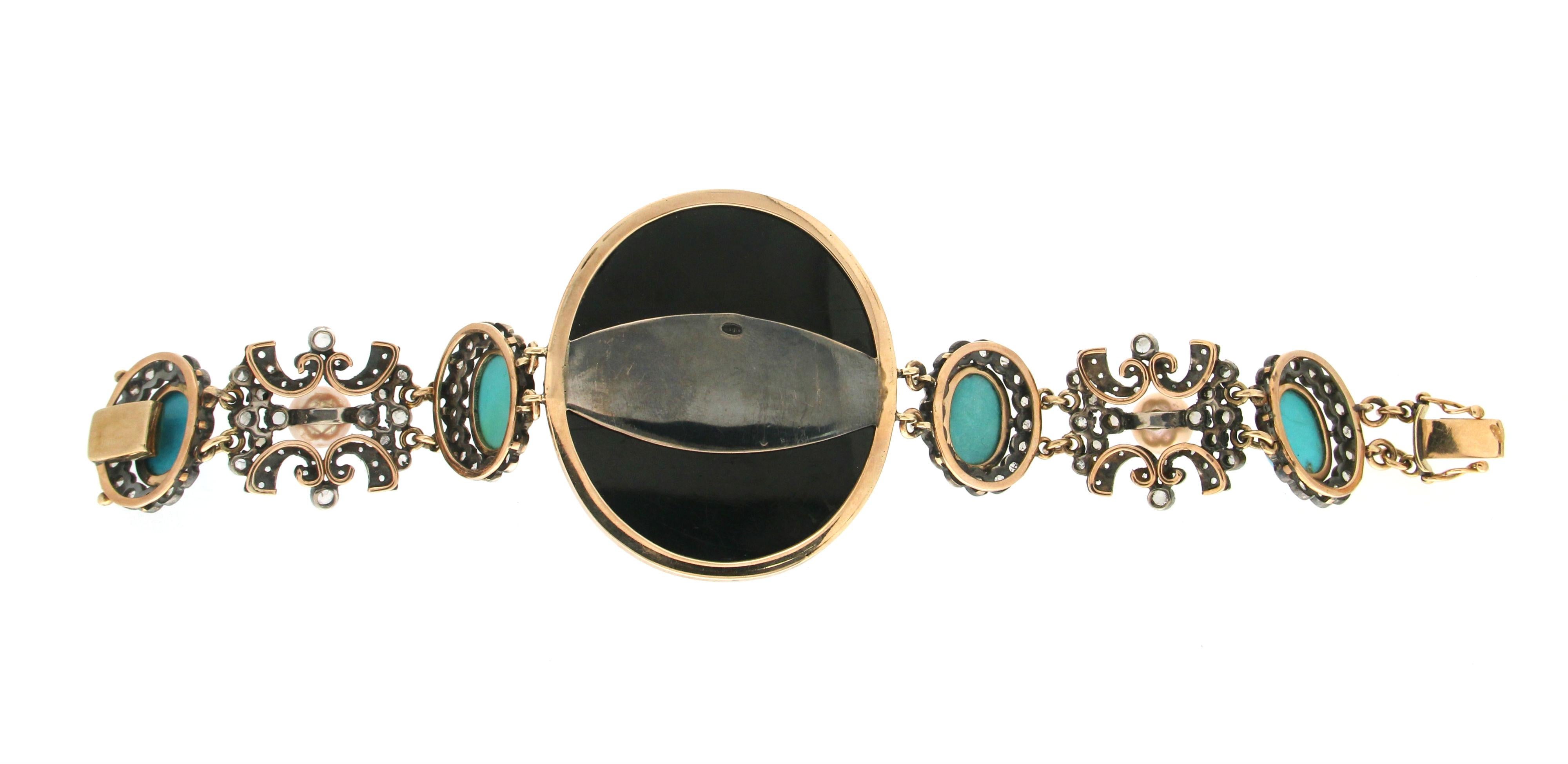 Mixed Cut Handcraft Onyx 14 Karat Yellow Gold Turquoise Pearls Diamonds Retro Bracelet For Sale