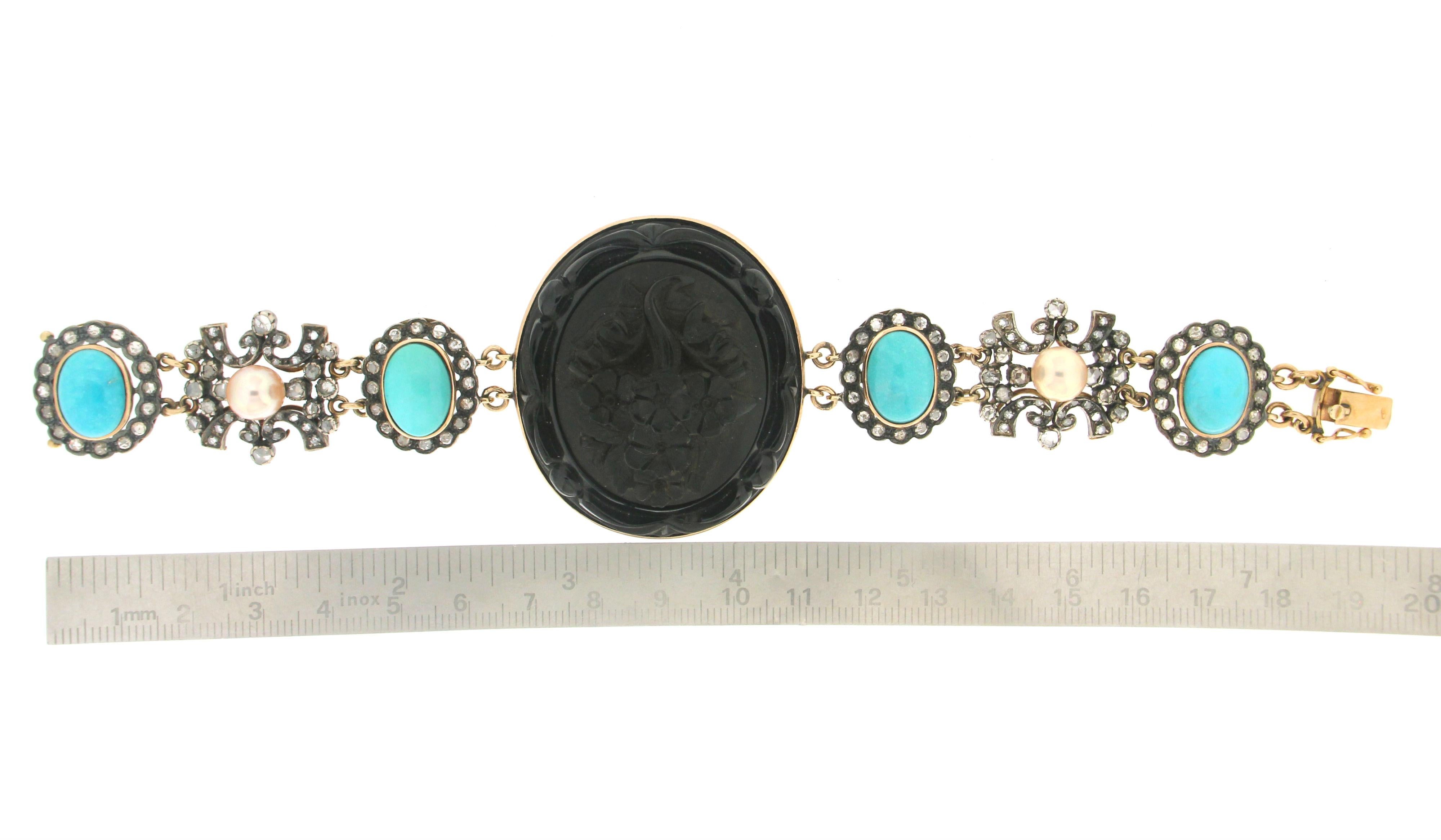 Handcraft Onyx 14 Karat Yellow Gold Turquoise Pearls Diamonds Retro Bracelet In New Condition For Sale In Marcianise, IT