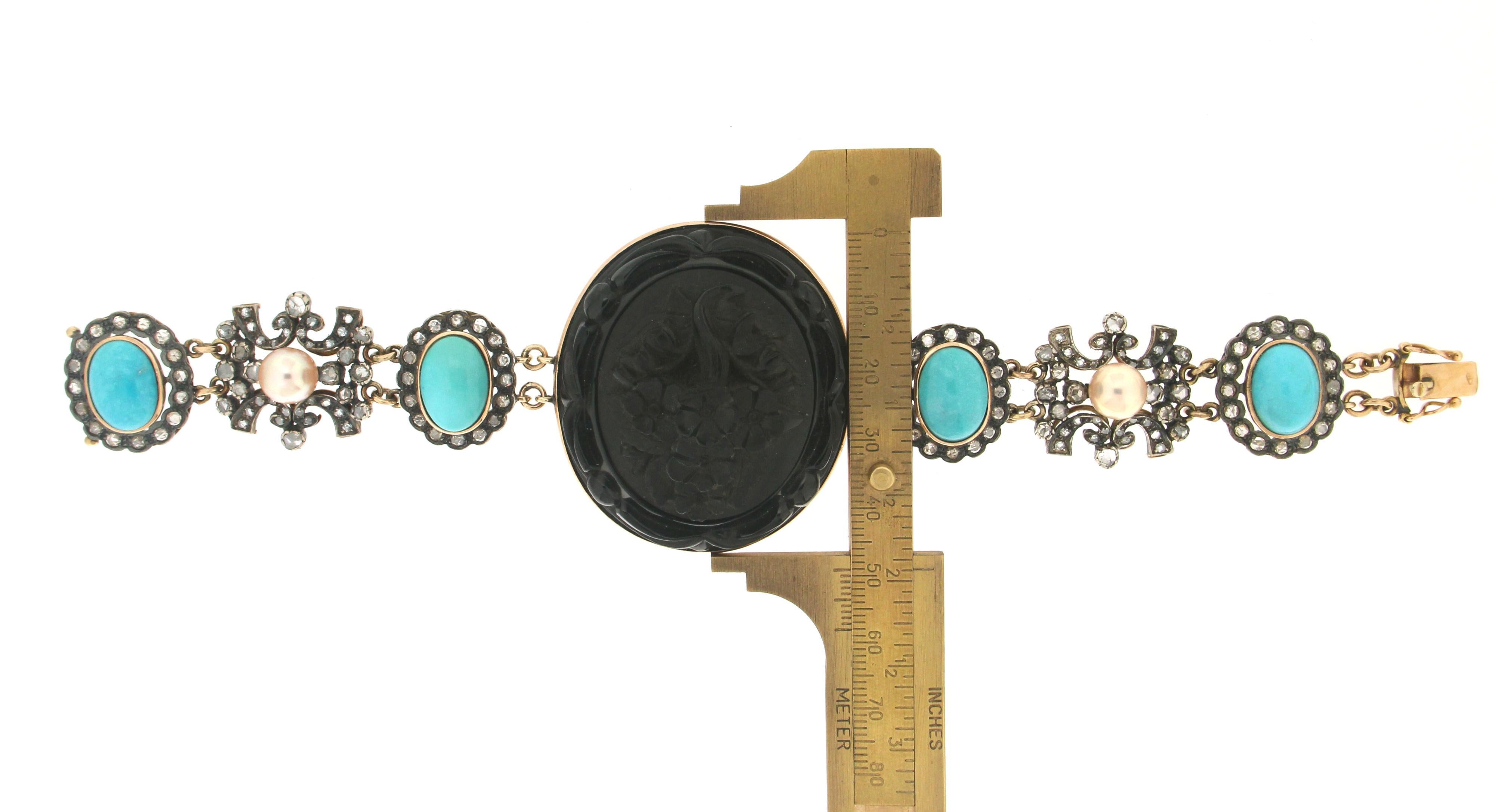 Women's or Men's Handcraft Onyx 14 Karat Yellow Gold Turquoise Pearls Diamonds Retro Bracelet For Sale