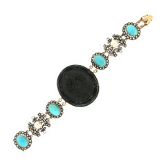 Bracelet rétro artisanal en or jaune 14 carats, onyx, perles, turquoises et diamants