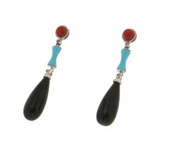 Orecchini a goccia in onice in oro bianco 18 carati con corallo e diamanti