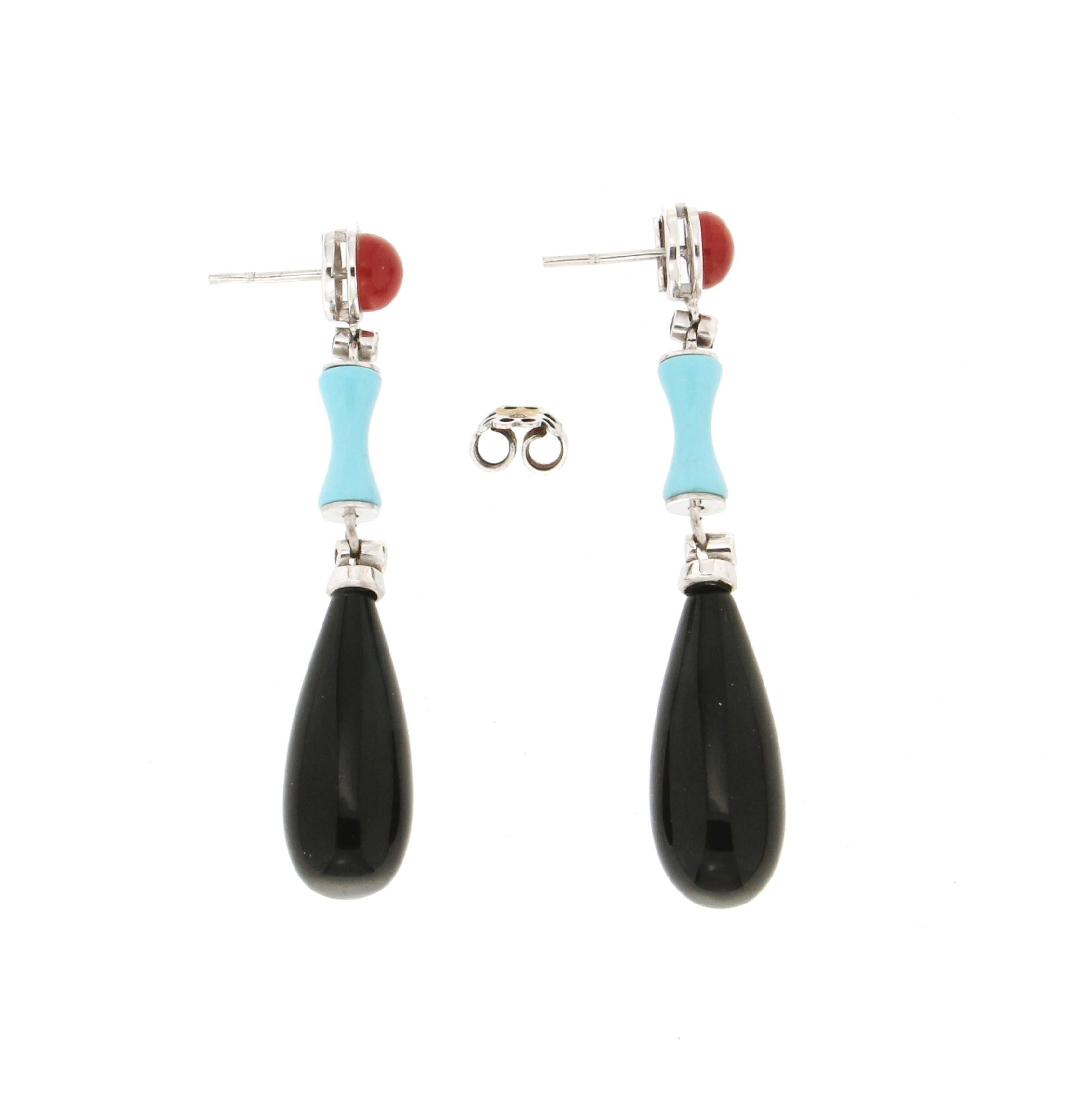 Brilliant Cut Handcraft Onyx 18 Karat White Gold Coral Diamonds Drop Earrings For Sale