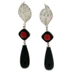 Handcraft Onyx 18 Karat White Gold Coral Diamonds Drop Earrings