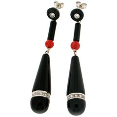 Handcraft Onyx 18 Karat White Gold Coral Diamonds Drop Earrings