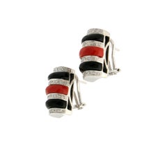 Clous d'oreilles artisanaux en onyx, or blanc 18 carats, corail et diamants